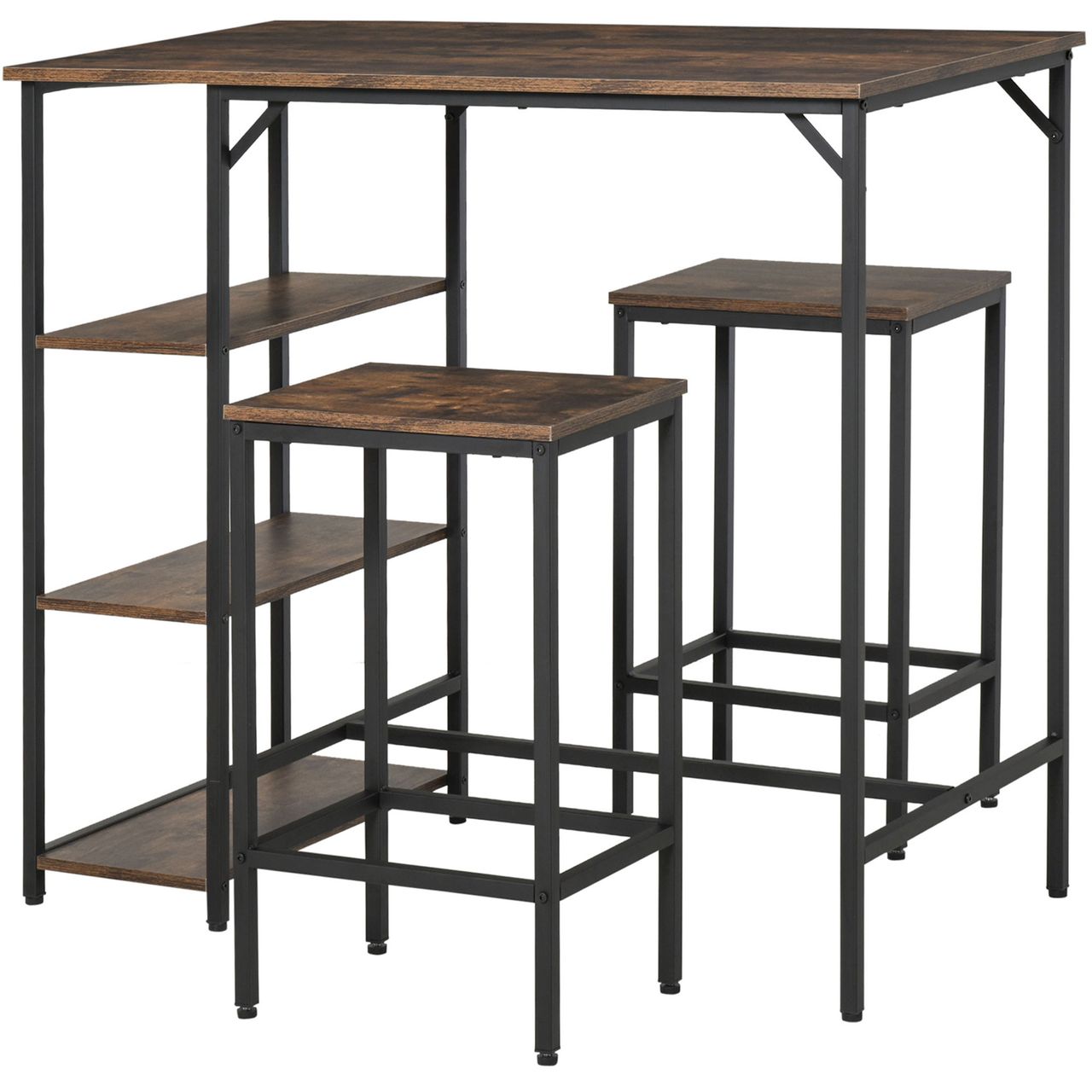 HOMCOM Bartisch-Set Stehtisch mit 2 Barhockern 3-teiliges Tischset Küchentresen mit Regale Spanplatte Stahl Rustikales Braun Schwarz 109 x 60 x 100 cm