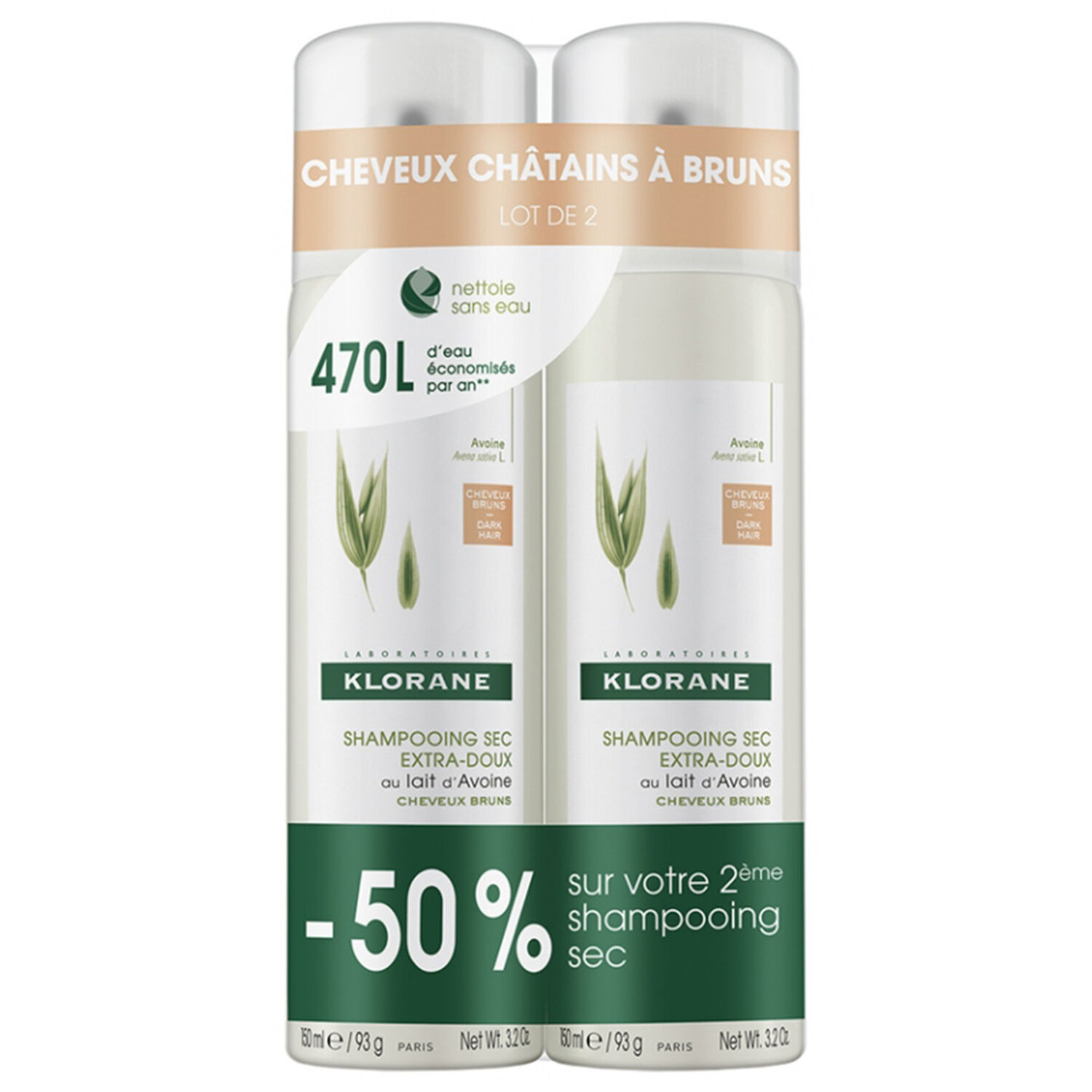 Klorane Shampoing Sec Teinté Lait d'Avoine - Cheveux bruns - Duo Spray 2 x 150 ml