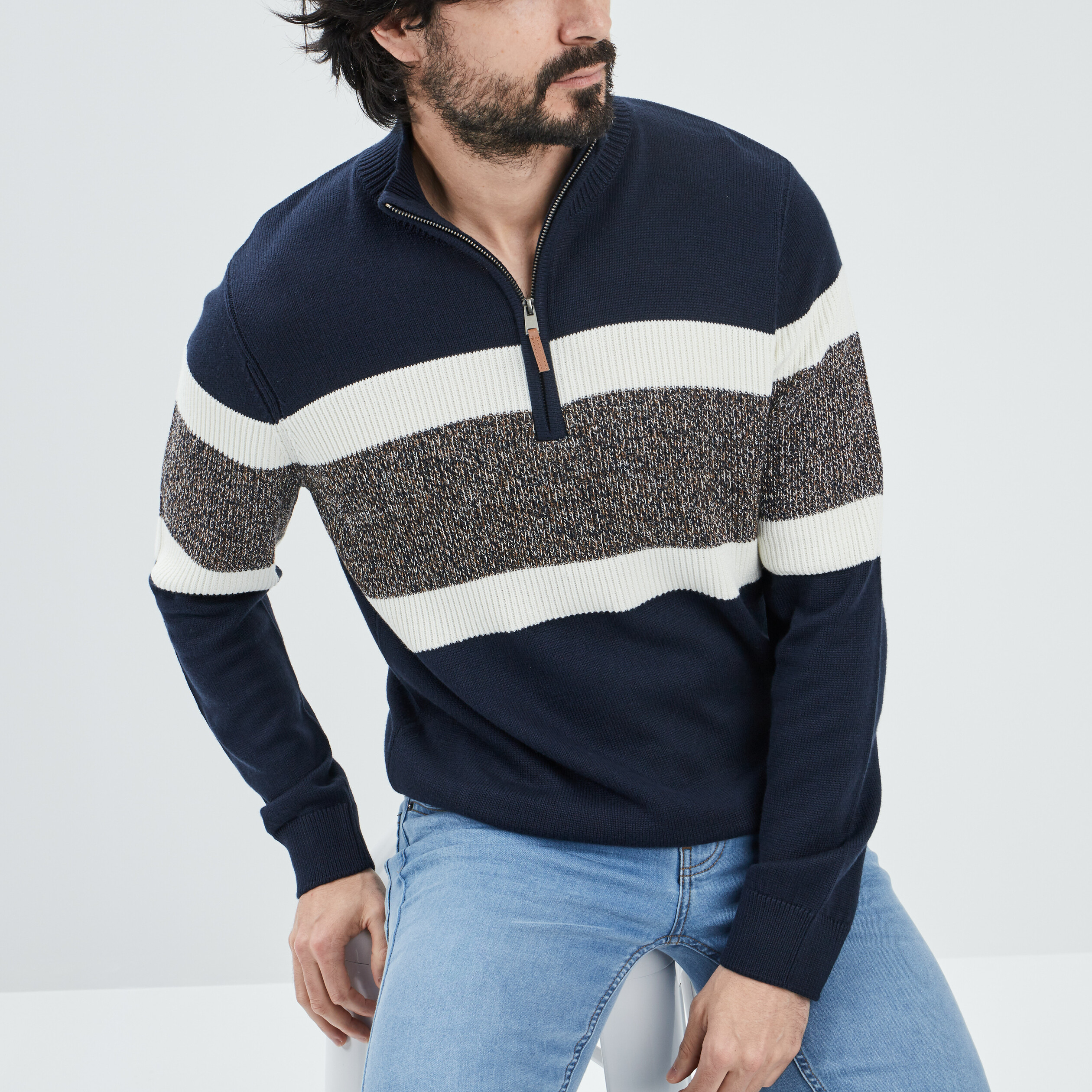 Pull avec col montant bleu marine homme | La Halle