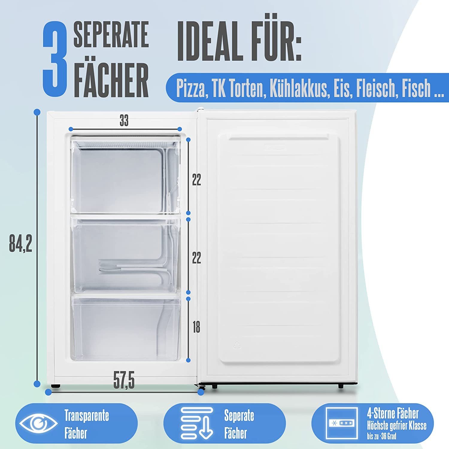 Heinrich´s Gefrierschrank HGS 4089 W, 84.2 cm hoch, 47.5 cm breit, Freezer, 3x Gefrierschublade, 85 Liter, Temperatur:-18°C~-38°C, weiß