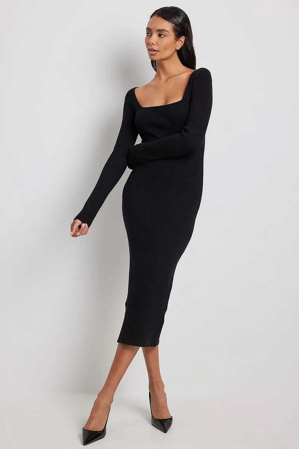 Madmext  Schwarzes langes Strickkleid mit quadratischem Kragen Mg1719