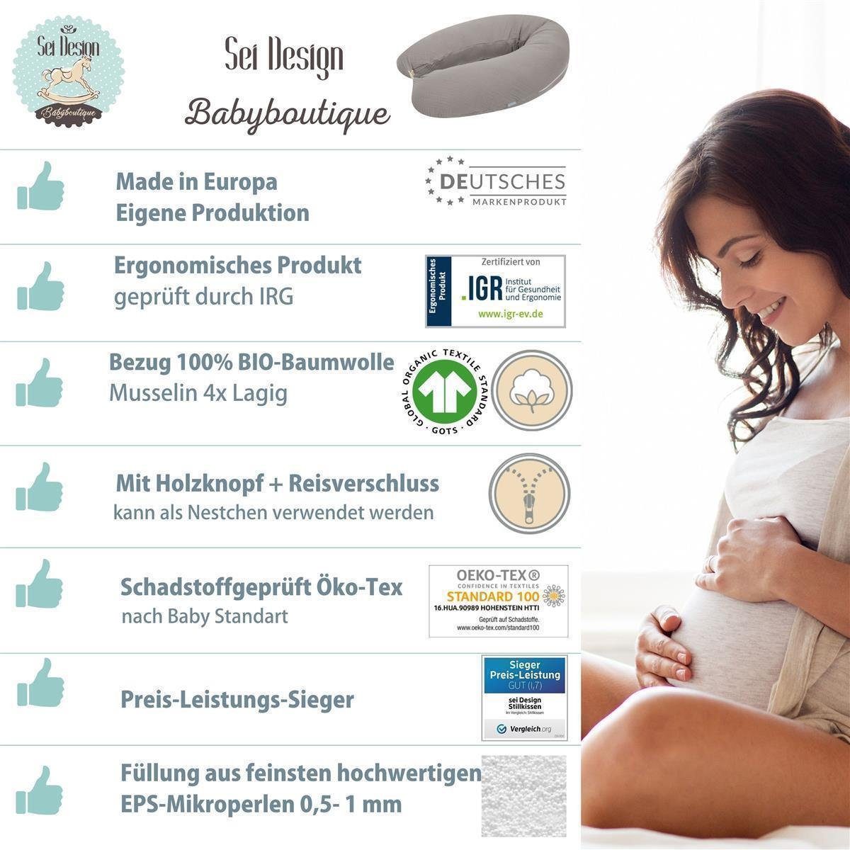 SEI Design Stillkissen Seitenschläferkissen XXL Babynest - Baby Erstausstattung Neugeborene, Schwangerschaftskissen mit Bezug, Mikroperlen, Musselin BIO Baumwolle