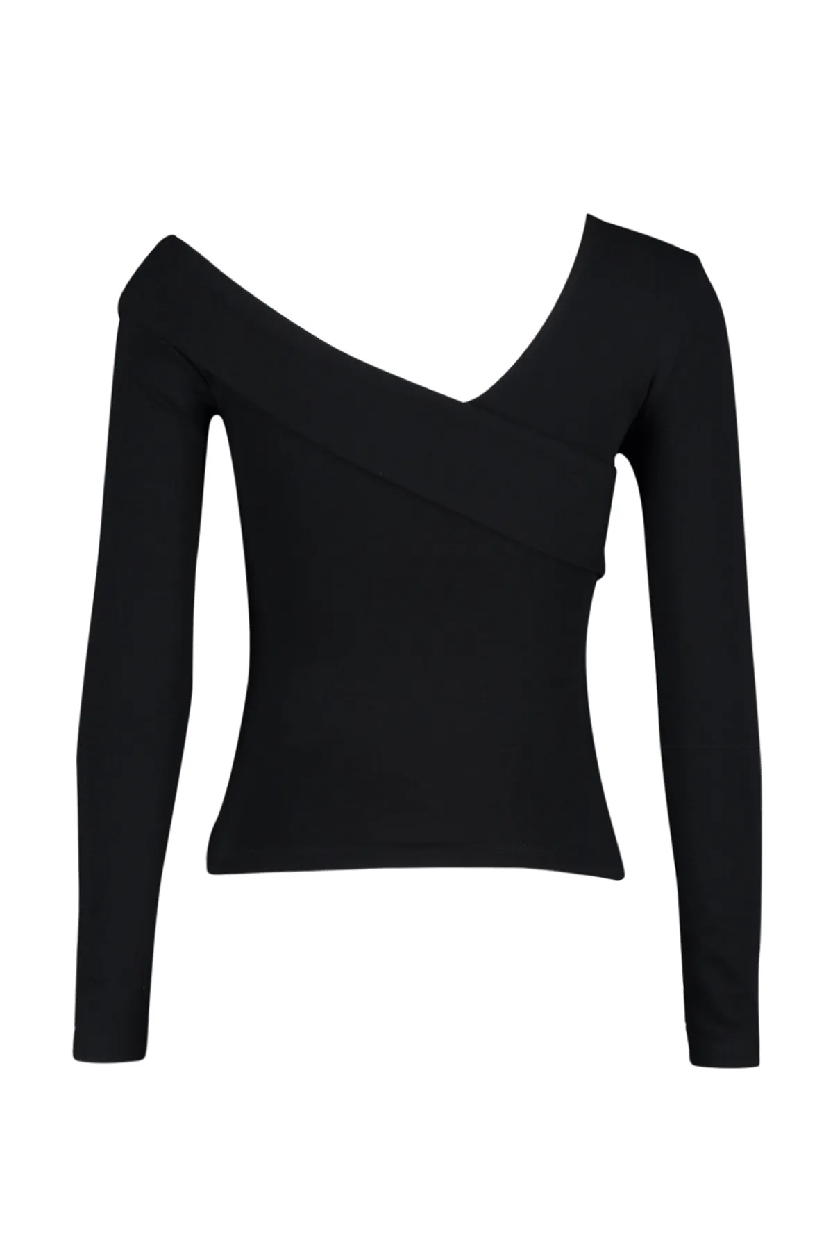 Trendyol Collection  Schwarze, eng anliegende, kurze Strickbluse aus Baumwolle mit dehnbarem Volant TWOAW24BZ00161
