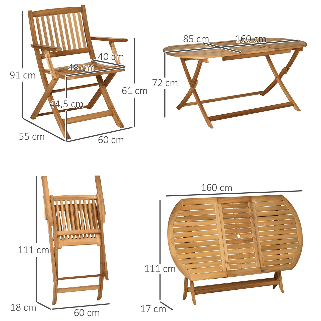 Outsunny Sitzgruppe 7tlg. Essgruppe Klappbar Gartenmöbel Set Massivholz Natur