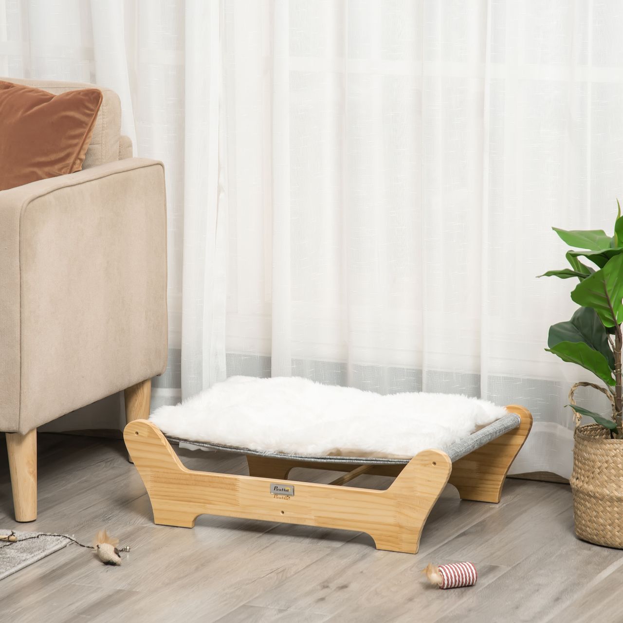 PawHut Katzenbett mit Gestell Hängematte für Katzen mit weichem Kissen Holz