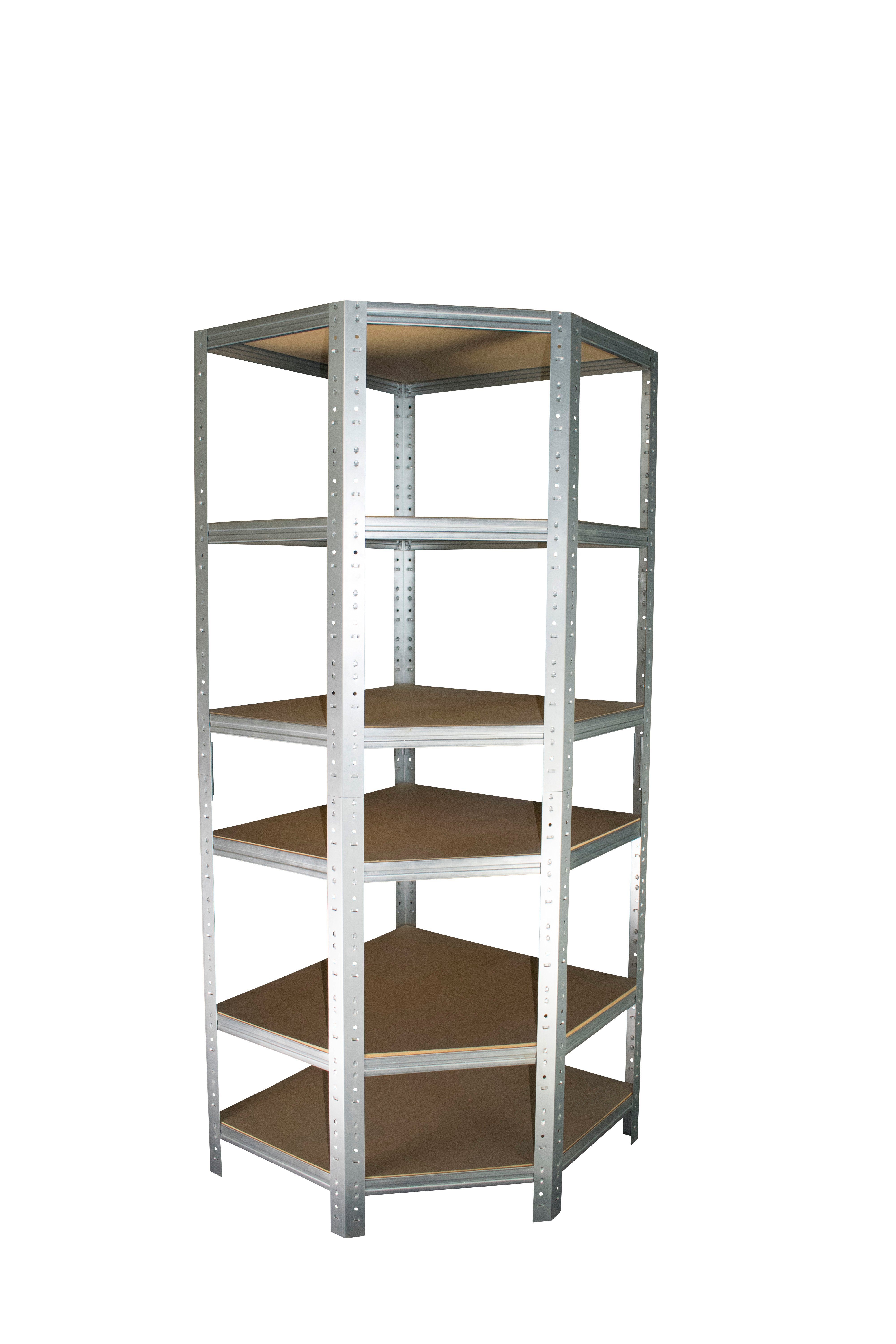 shelfplaza Eckregal HOME, 230x90x60cm verzinkt, Metall Eckregal stehend mit 6 Böden, Corner Shelf 145kg Tragkraft Schwerlastregal Ecke, Steckregal verzinkt Eckregal Keller Garagen Regal