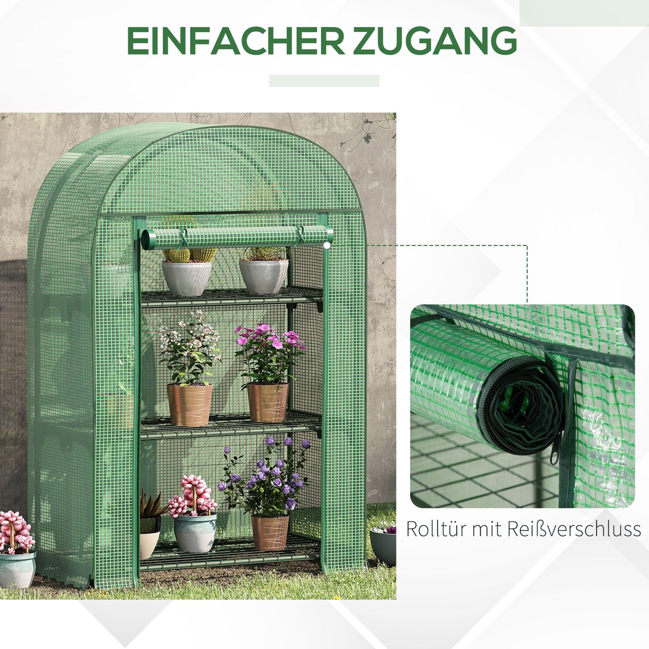 Outsunny Foliengewächshaus Balkon mit 4 Ablagen Mini Gewächshaus Treibhaus Tomatenhaus Pflanzenhaus Frühbeet Metall Grün 80 x 49 x 120 cm