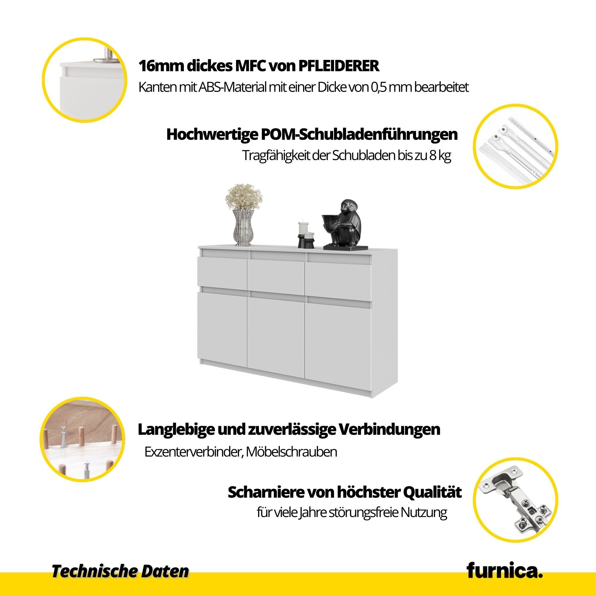 Furnica Kommode NOAH 3 Schubladen und 3 Türen - Weiß Matt H75cm B120cm T35cm (1 St)