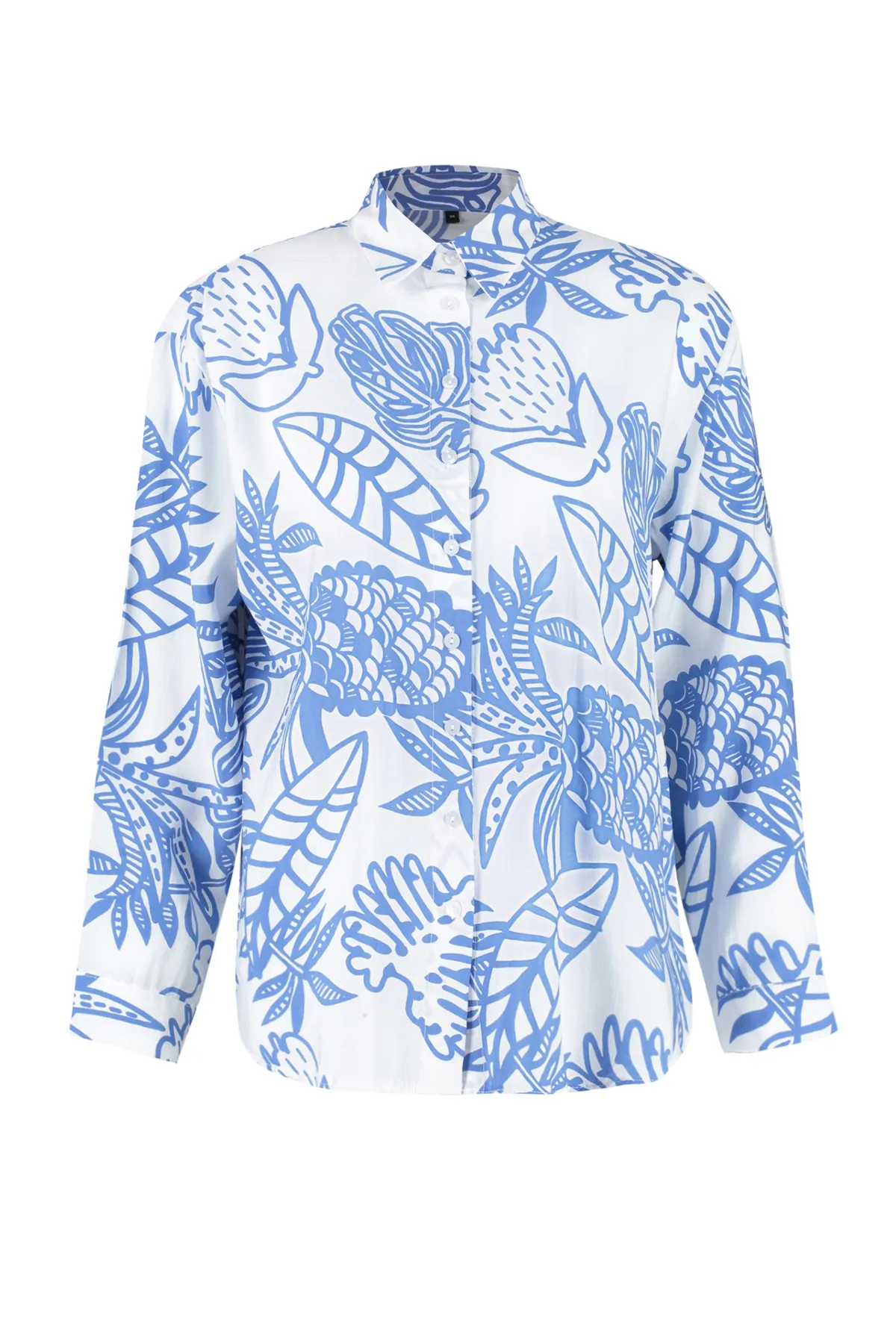 Trendyol Collection  Gemustertes, übergroßes/weites, gewebtes Hemd mit blauen Lilien-Stoff TWOSS24GO00096