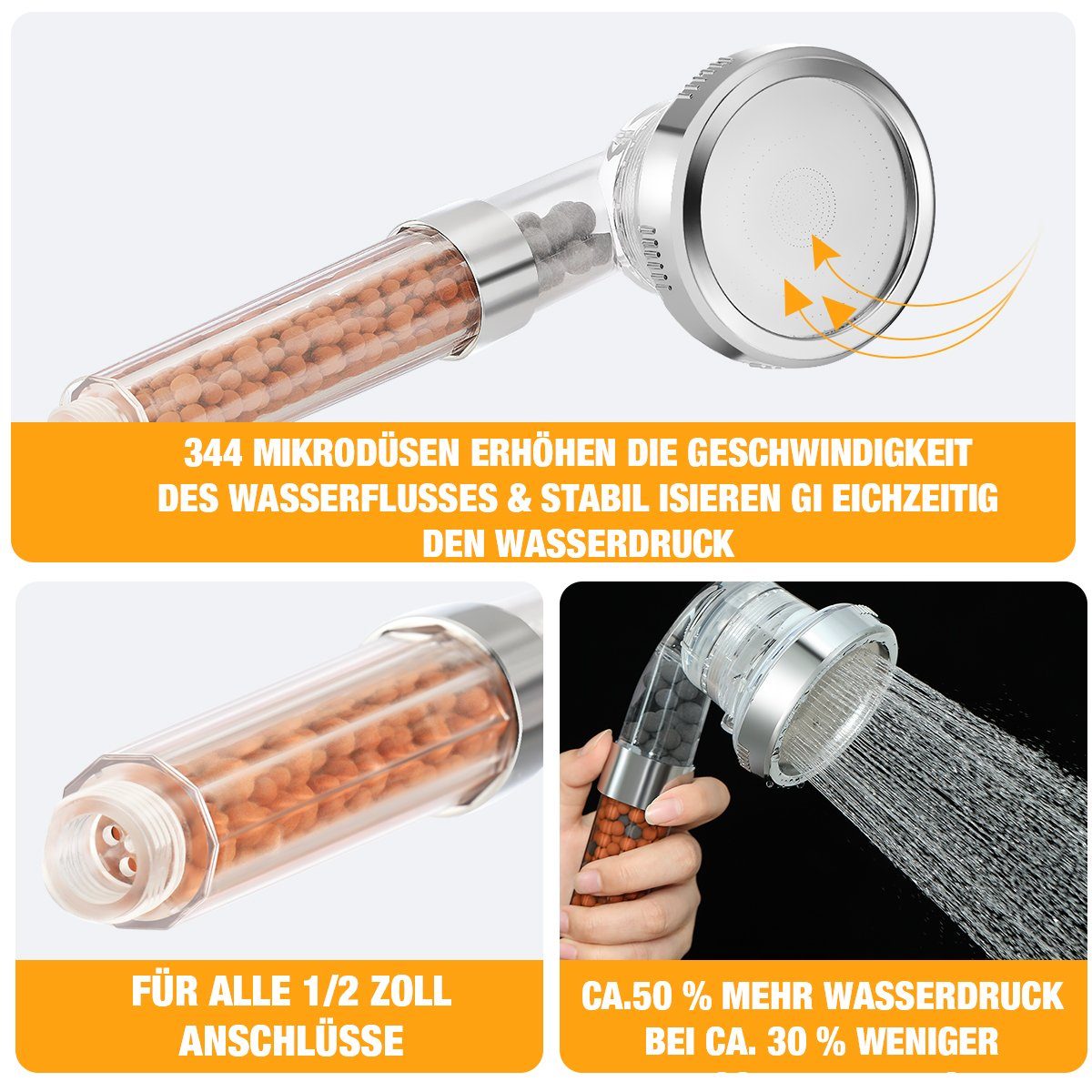 iscooter Handbrause Duschkopf Wassersparend, mit 3 Strahlarten, mit 3-Lagen-Filtration, (Set), mit Öko Ionen Filter Mineralsteinen, Druckerhöhend, Schlauch 1,5M