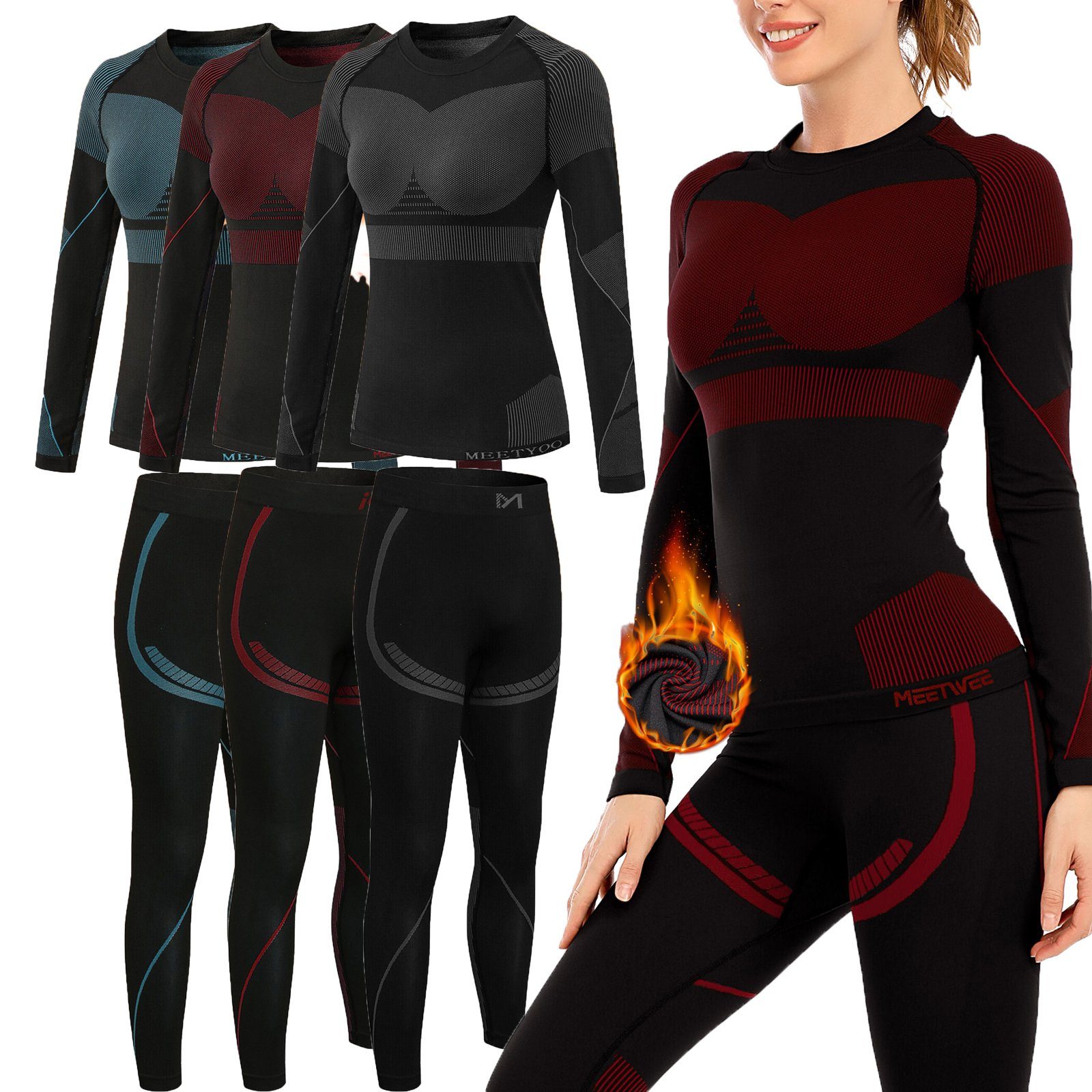 MEETYOO Thermounterhose Damen Thermounterwäsche Set Funktionswäsche Ski Thermohose (Unterhemd Unterhose, Skiunterwäsche, Funktionswäsche, Basisschicht) Snowboarden Radfahren Camping Skifahren