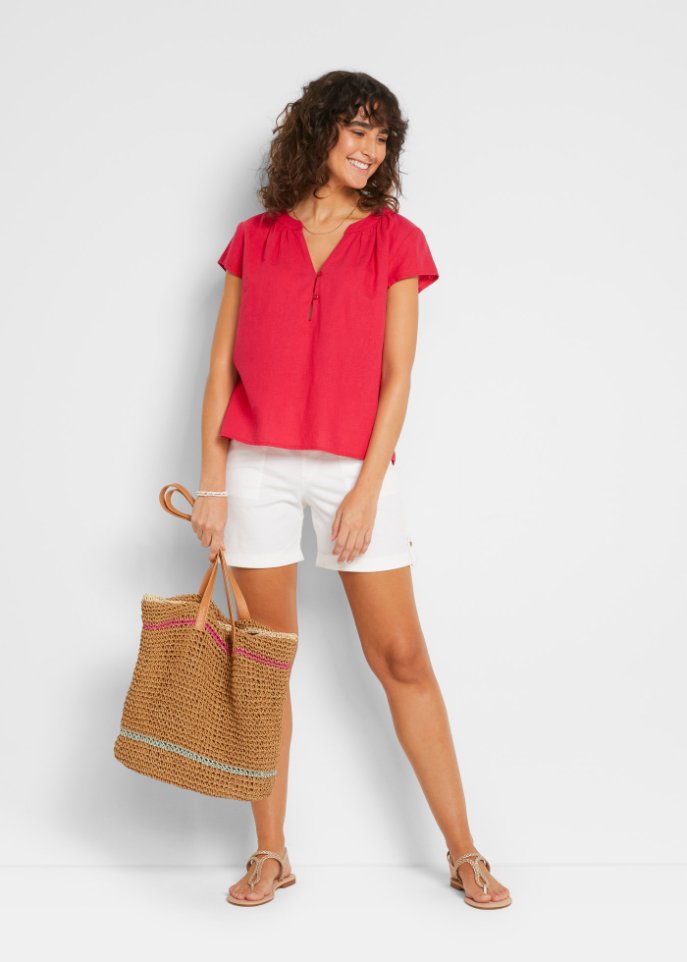Kurzgeschnittene Bluse mit Leinen und Seitenschlitzen