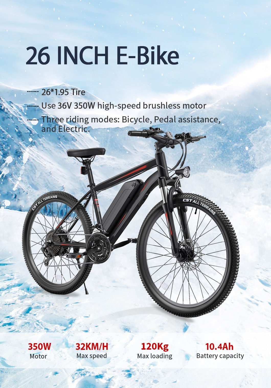 A Ade E-Bike 26-Zoll Pedelec Elektrisches Fahrrad mit Aluminiumrahmen, 7 Gang SHIMANO Schaltwerk, Automatikschaltung, 350W Heckmotor, Akku Li-lon 36V10.4Ah /374.4wh