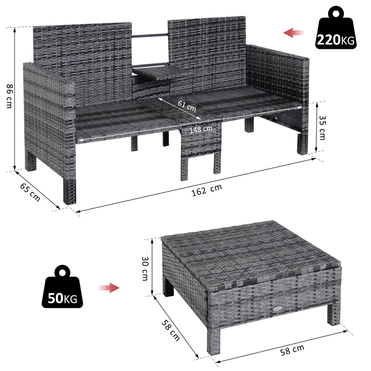Outsunny 3-tlg. Sitzgruppe Rattanmöbel 2er-Sofa inkl. 2 Hocker & Kissen grau