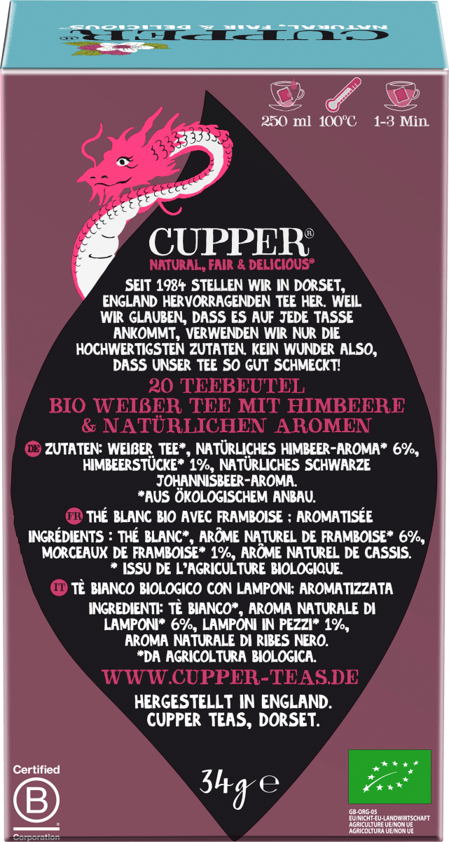 Weißer Tee mit Himbeere (20 Beutel), 34 g