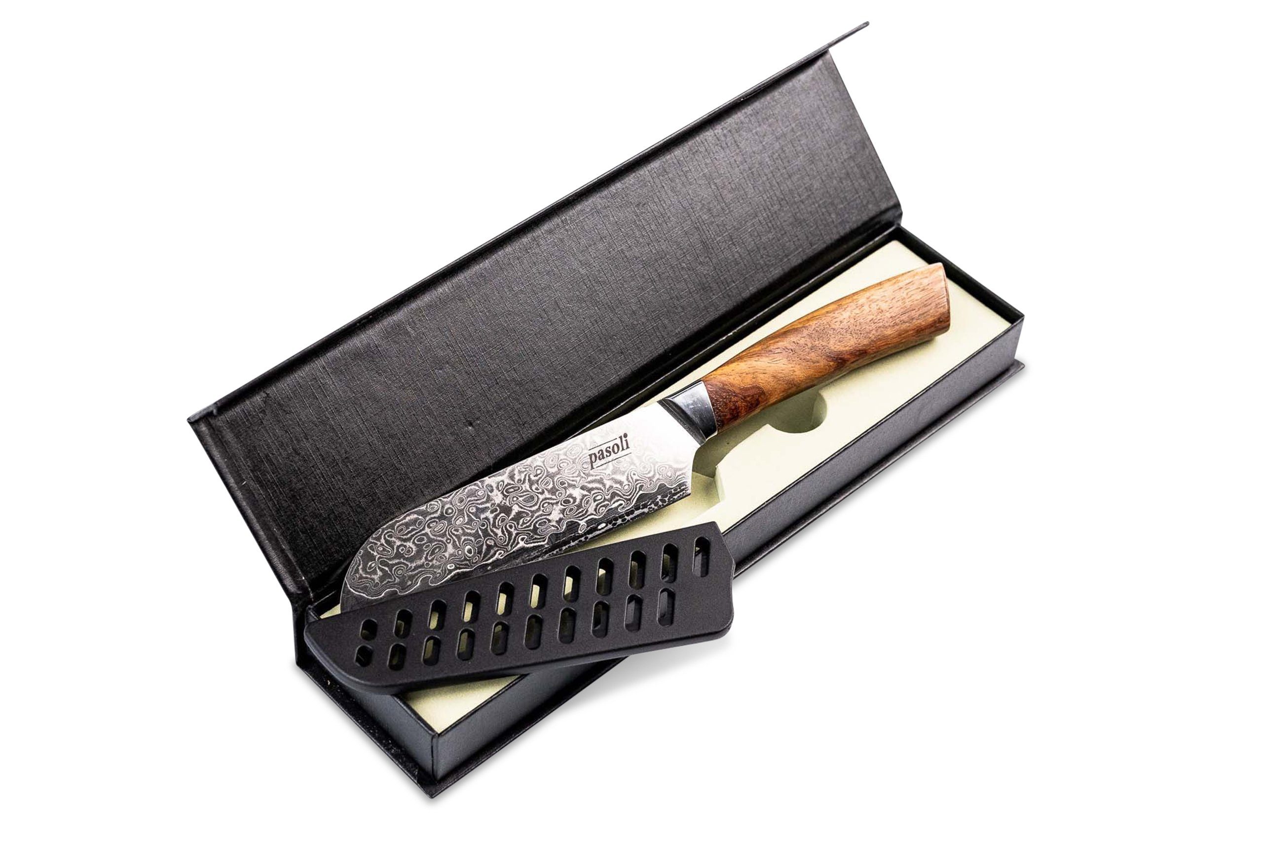 pasoli Damastmesser Damast-Santokumesser, 67-lagiger japanischer Damaststahl (VG-10), extrem scharf, 18cm ODER 13cm lang & 2,5mm dicke Klinge inkl. Klingenschutz, min. 60 Rockwell Härte