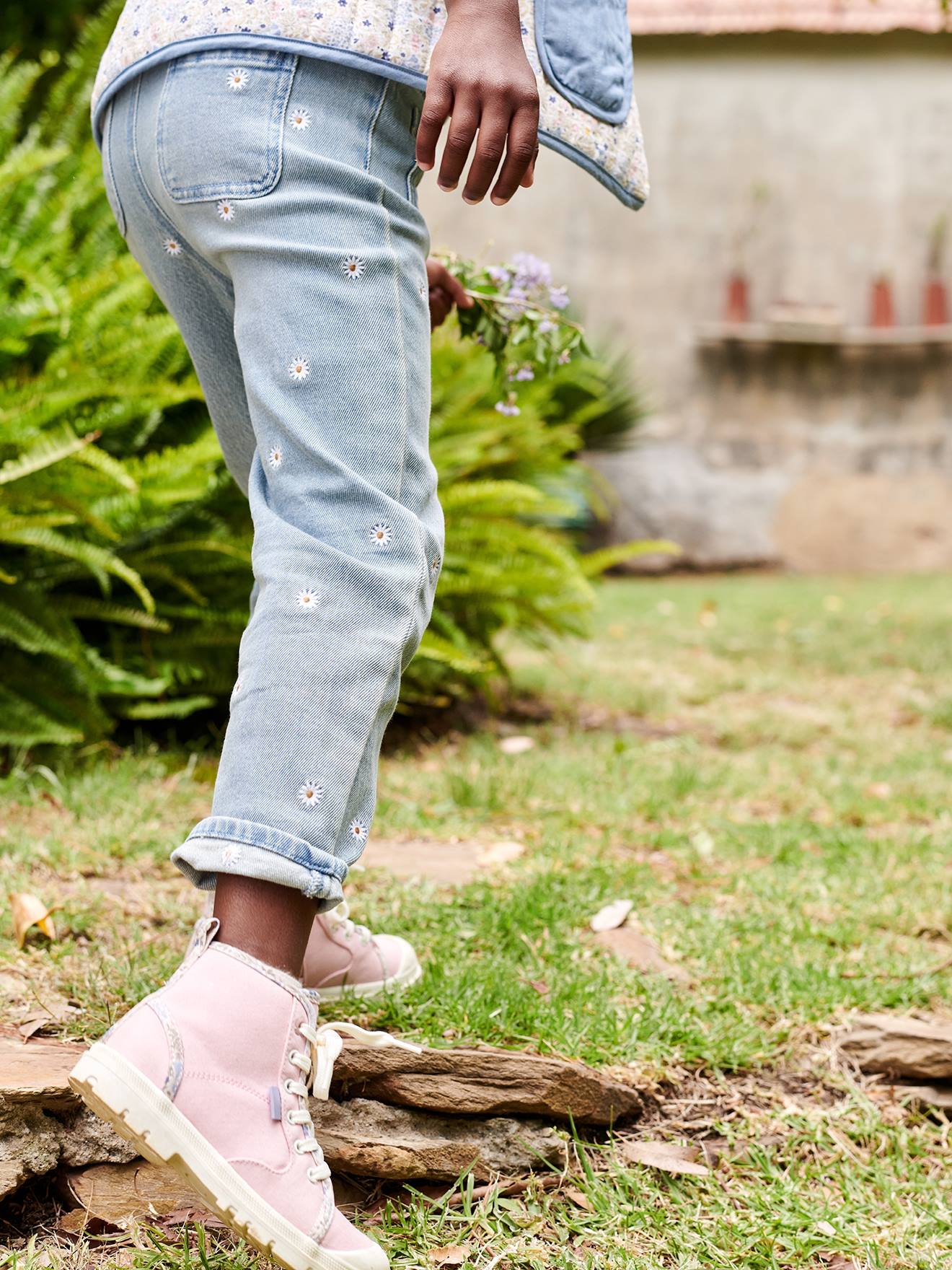 Jean paperbag brodé fleurs fille bleu jean
