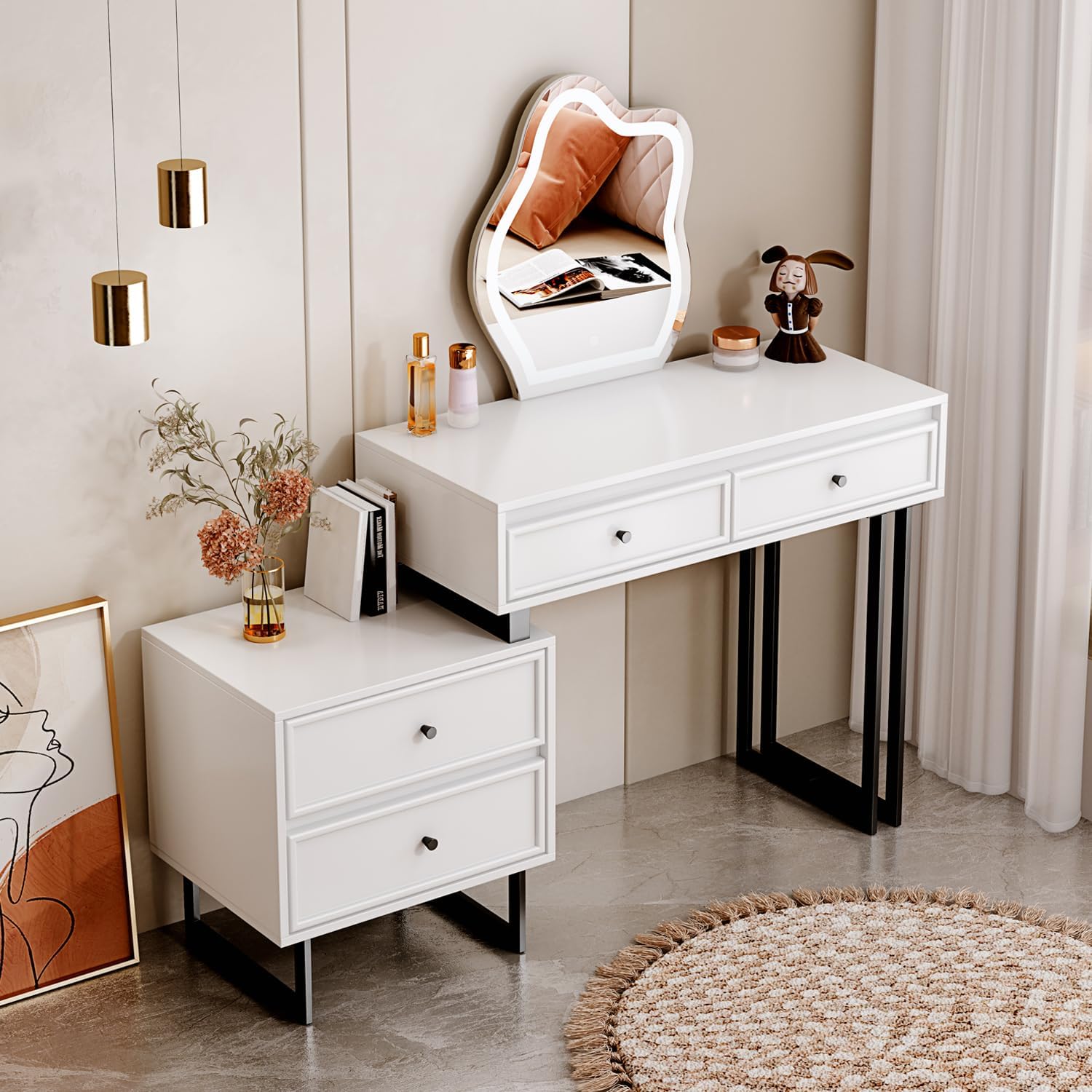 leejdn Dresser with 3 Color Touch Screen Dimming Mirror, Modern Makeup Dresser with Adjustable Cabinets and 4 Sliding Drawers, Powder Room, Bedroom Dresser Set