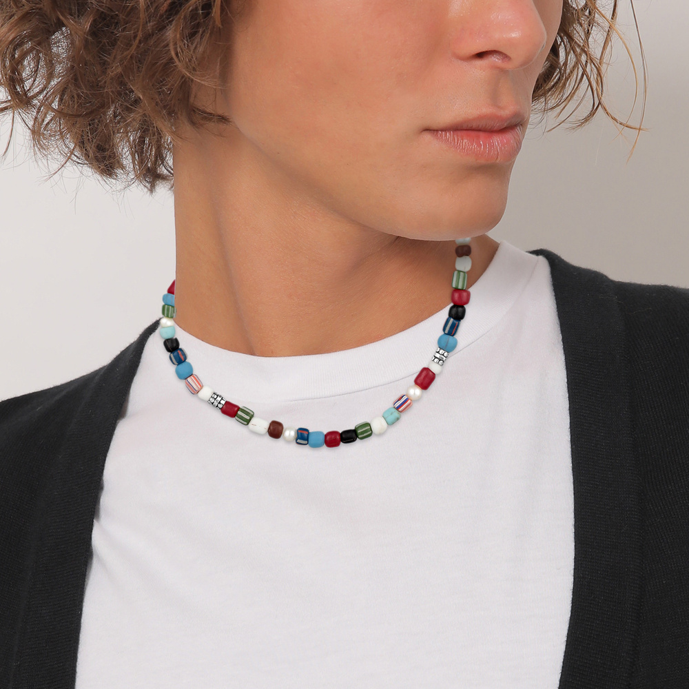 KUZZOI KUZZOI Collier Hommes Perles de verre multicolore tendance avec perles d'eau douc collier