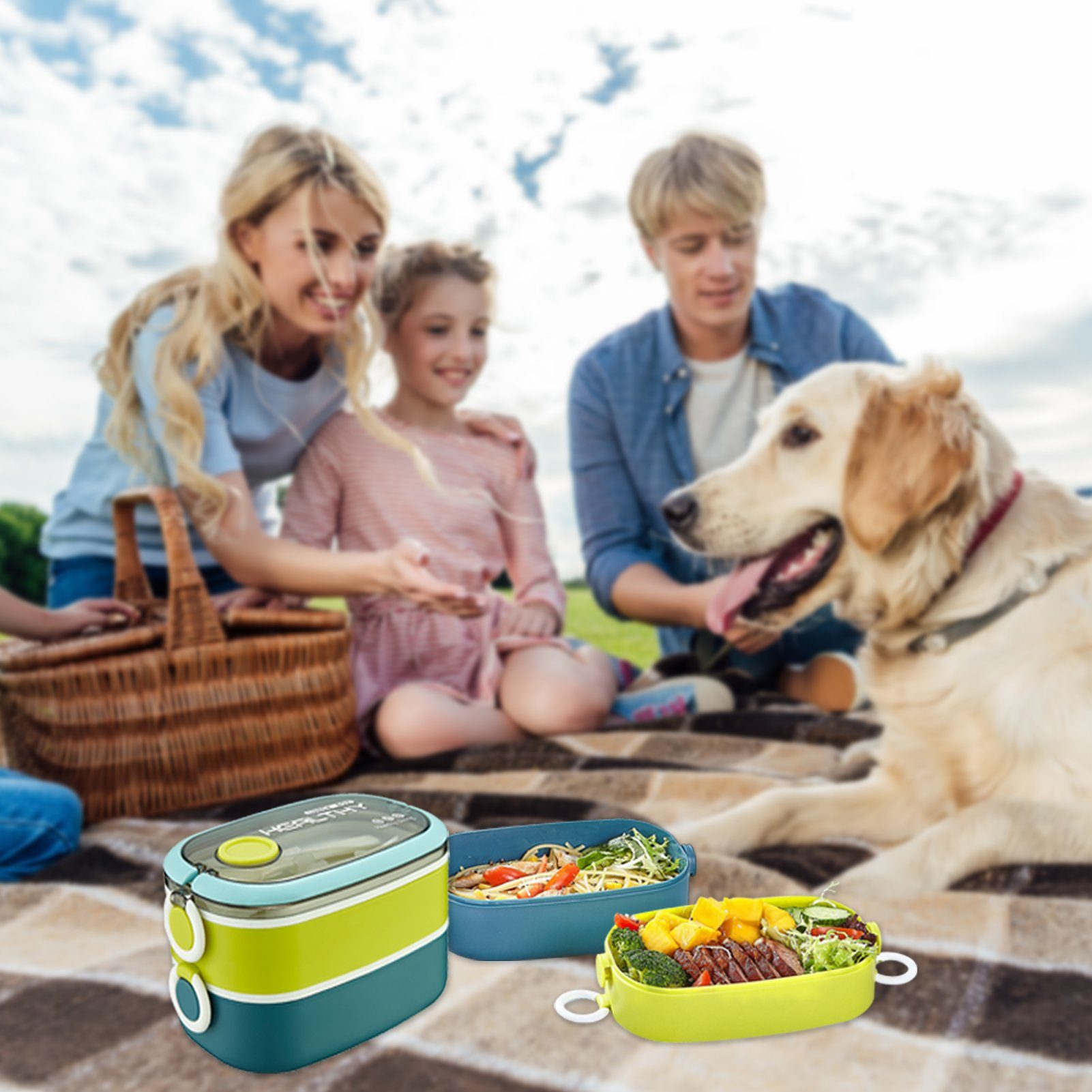 MDHAND Lunchbox 1600ML Lunchbox mit Löffel und Gabel für Kinder/Erwachsene, (1-tlg), Blau Grün