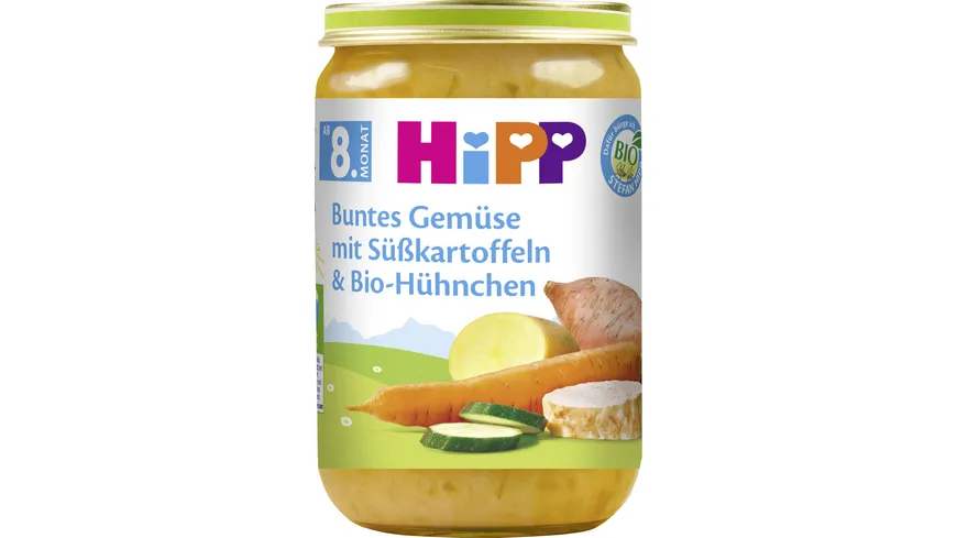 HiPP Bio Menüs ab 8.Monat Buntes Gemüse mit Süßkartoffeln und Bio-Hühnchen 220 g