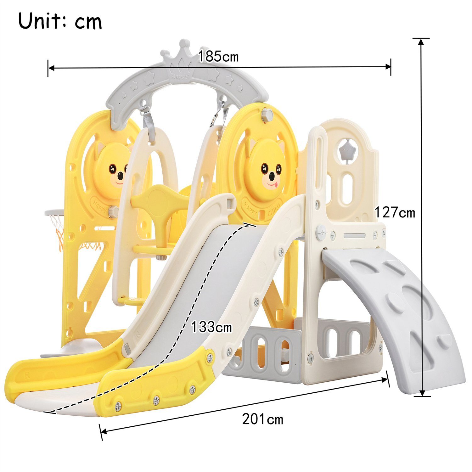 Fangqi Indoor-Rutsche 5 in 1 Kinderrutsche und Kletterspielzeug, Kinderspielzeug,Unisex, (Kinderrutsche, Klettern, Aufbewahrung, Schaukel, Basketballkorb. Hergestellt aus HDPE. Mit Cartoon Bild)
