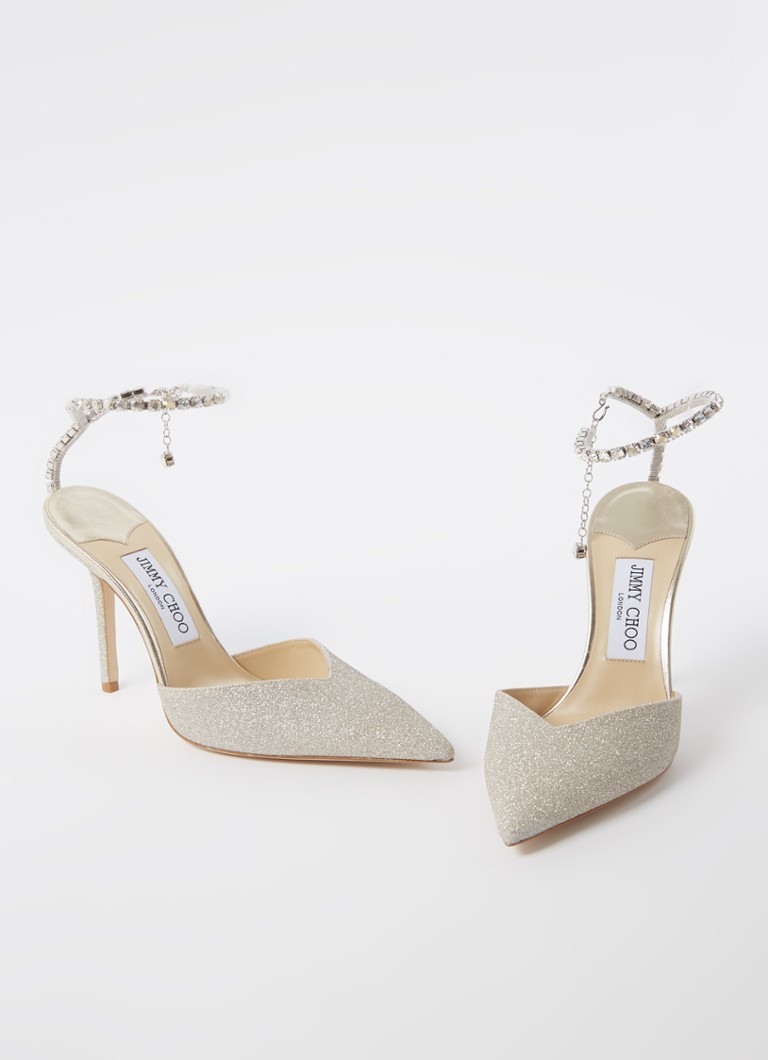 Pantofi cu toc înalt Jimmy Choo Saeda, împodobiți cu paiete și cristale.
