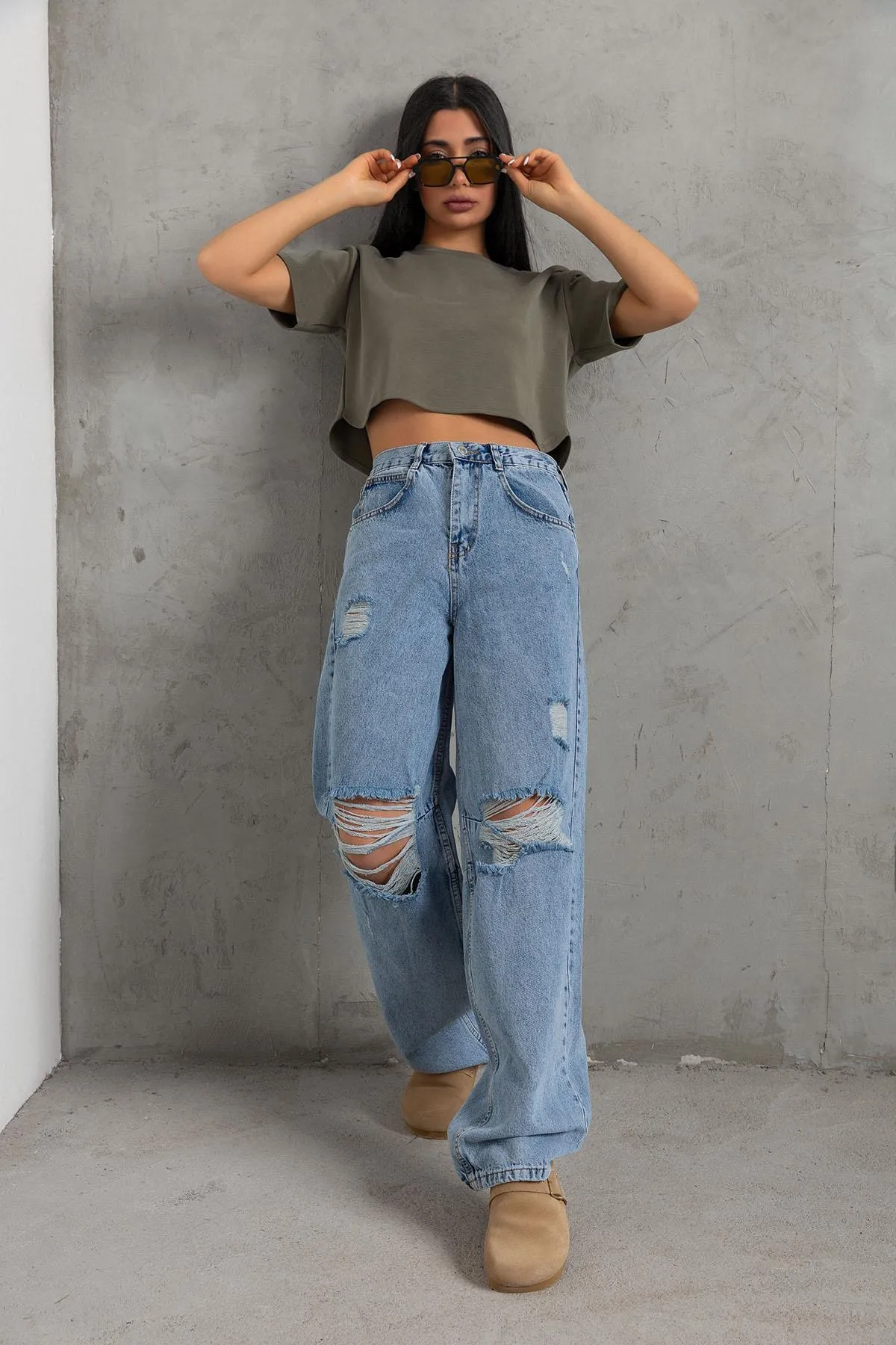 Maule  Schnalle im Detail, lockerer Schnitt, weites Bein, bequeme Baggy-Jeans, lockere Damenhose @milano