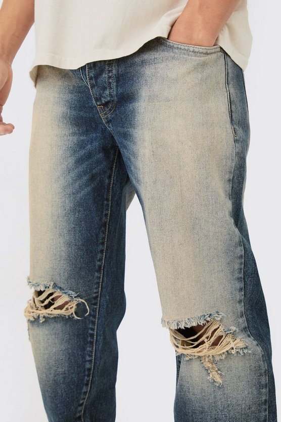 Straight Rigid Washed Blue Ripped Knee Jeans