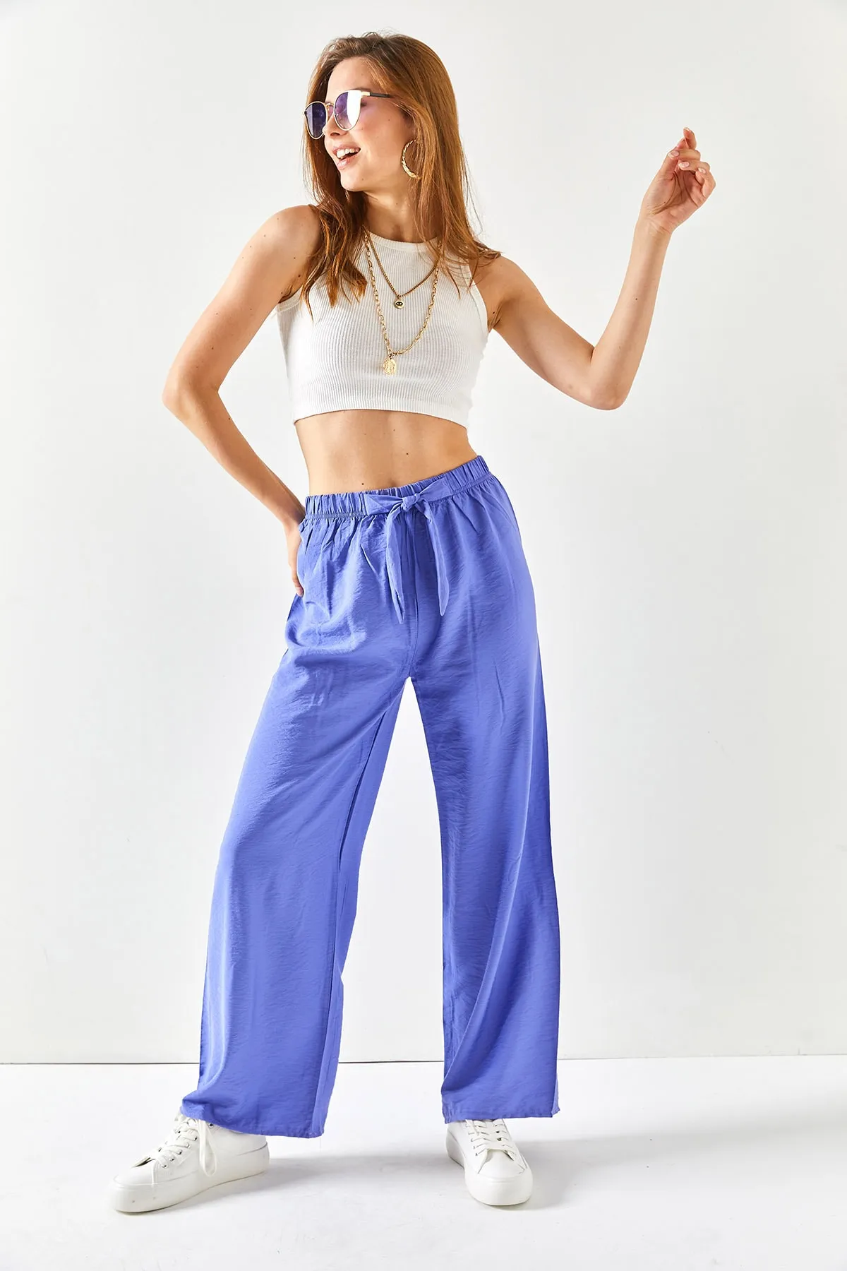 Olalook  Lilafarbene Palazzo-Ayrobin-Hose mit Gürtel und elastischem Bund für Damen PNT-19000200