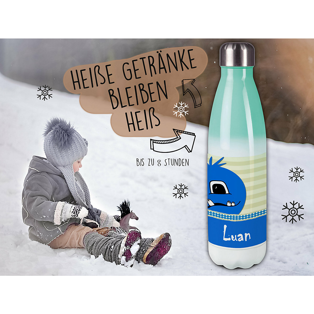 Edelstahl Kinder Thermoflasche / Trinkflasche bunt Monster Karo Farbe blau Spülmaschinenfest, Auslaufsicher, Bruchfest, Doppelwandig, Für Heißgetränke geeignet, Mit Deckel, Isoliert