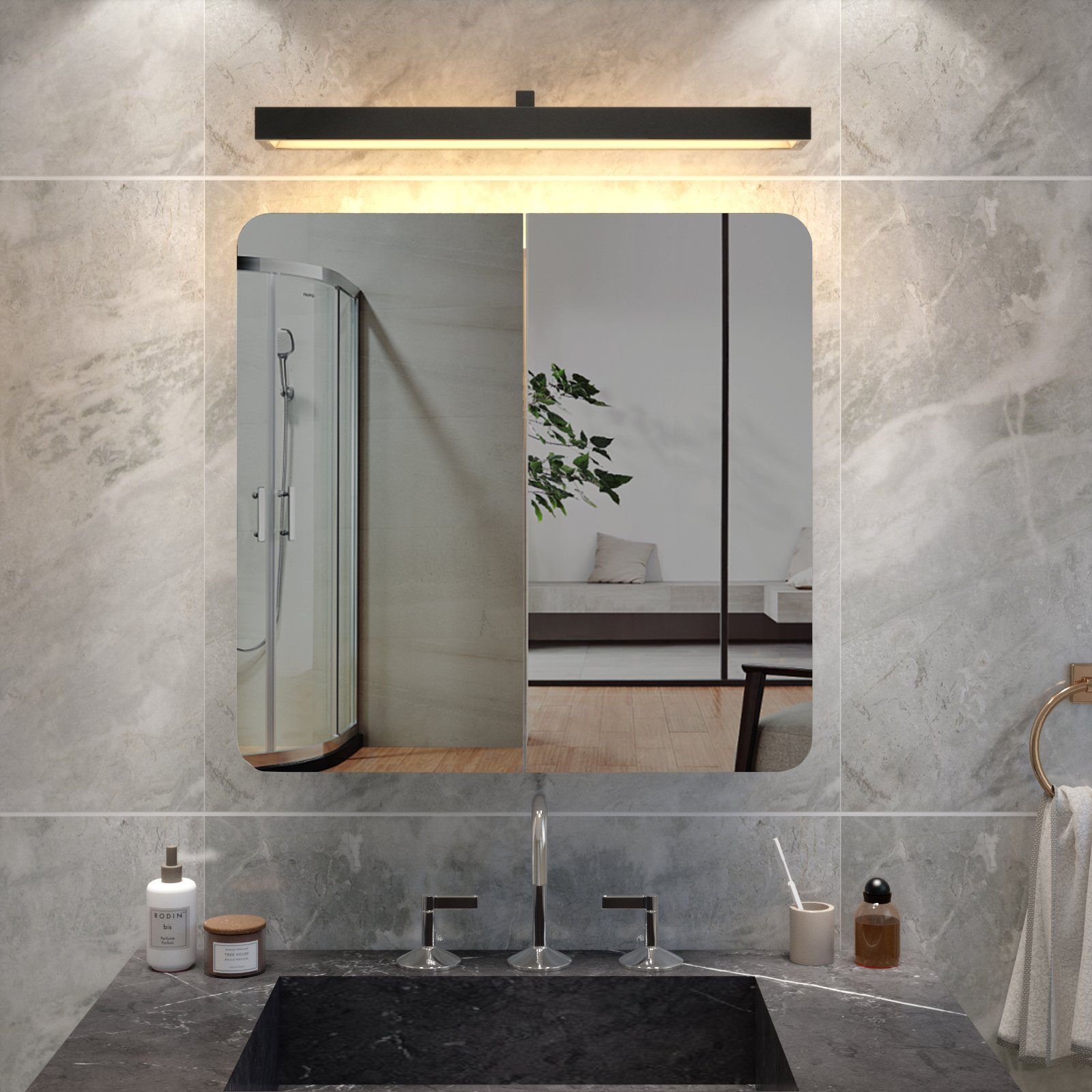 Mondeer Badezimmerspiegelschrank Badezimmerspiegel Hängeschrank, Wandschrank, mit 2 Türen 68 x 12.9 x 66 cm, Weiß