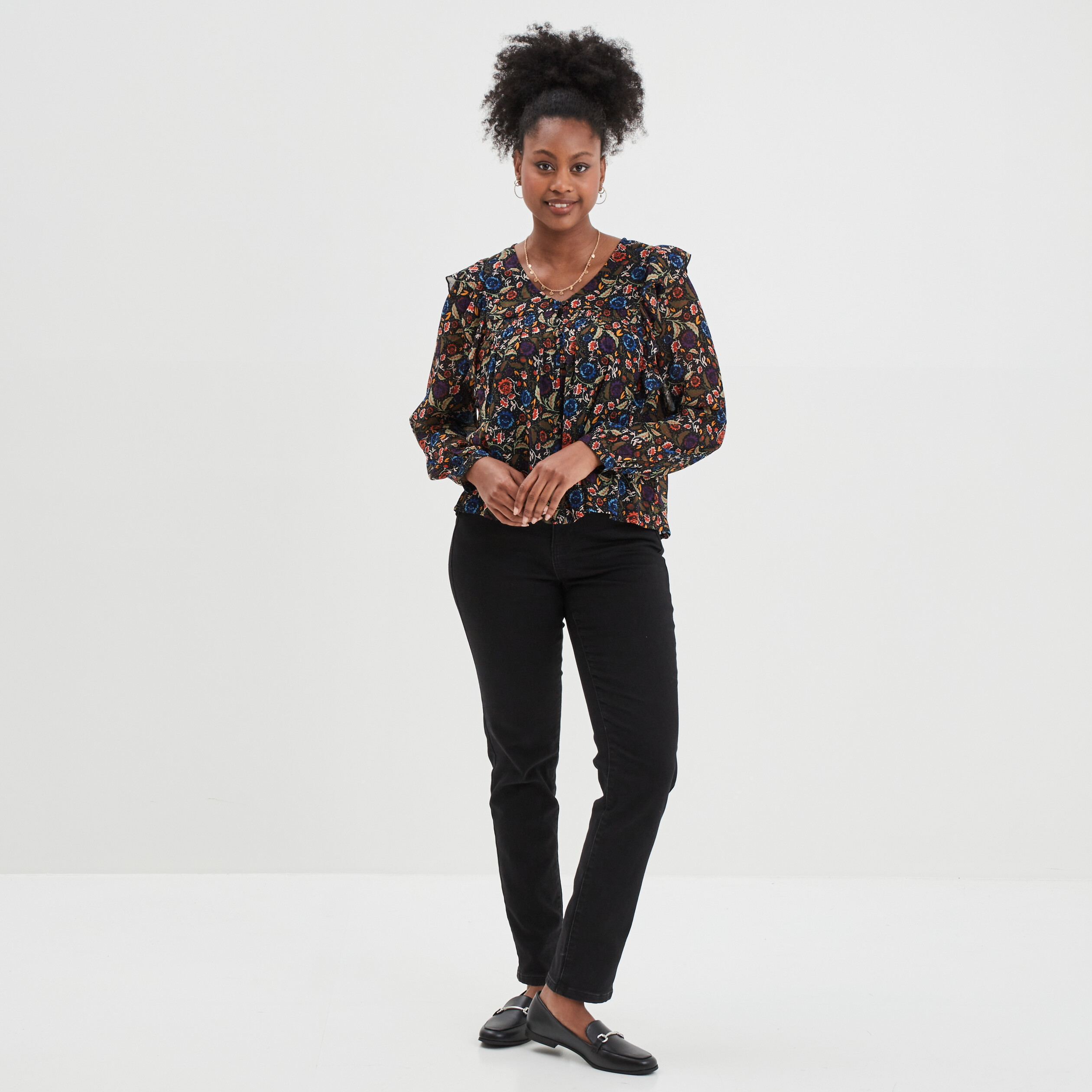 Blouse col en V à volants multicolore femme | La Halle