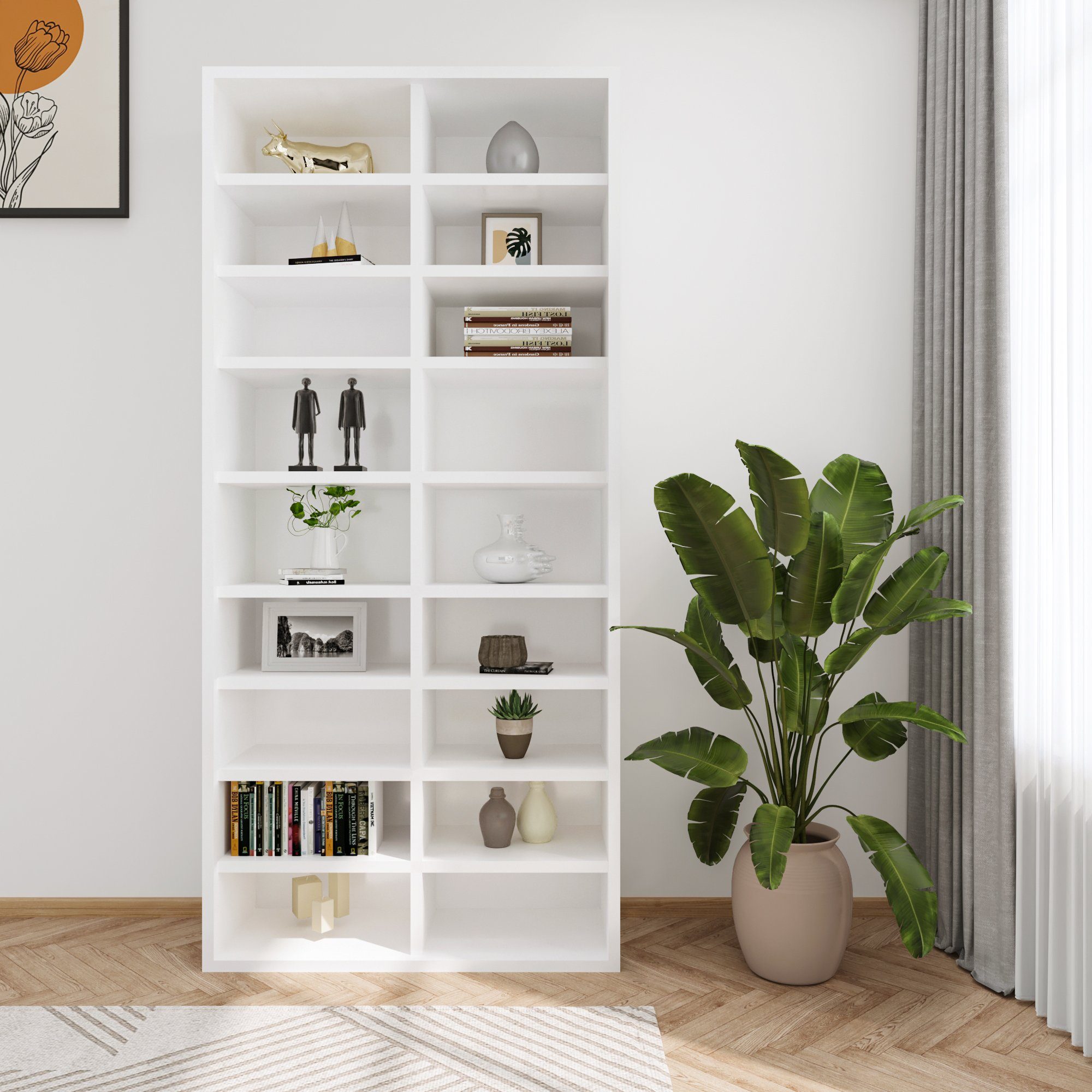 Authmic Bücherregal Regal, Standregal, Bücherregal, Leiterregal, CD Regal mit 18 Fächern CD Ständer höhenverstellbar Standregal Raumteiler für Wohnzimmer Arbeitszimmer Weiß, für Wohnzimmer, Schlafzimmer