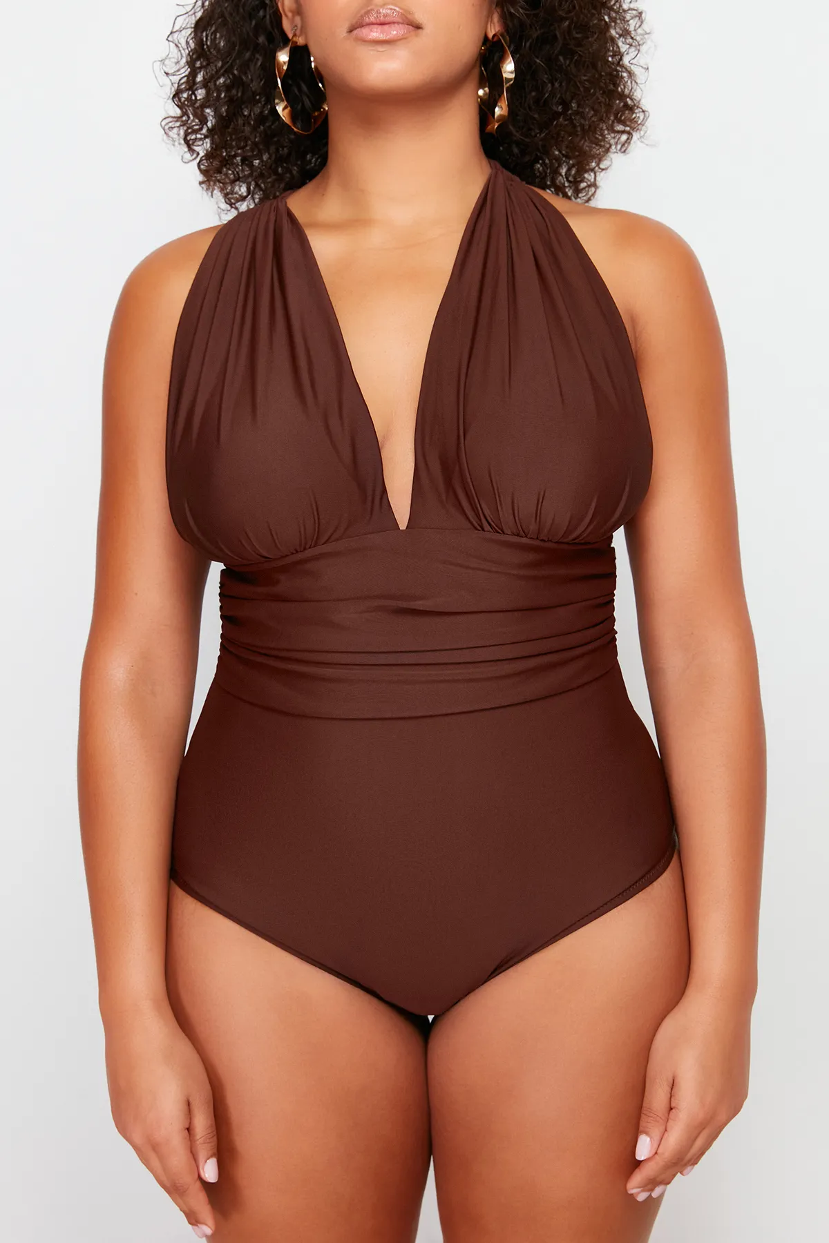 Trendyol Curve  Brauner Cross-Recovery-Badeanzug mit tiefem V-Rücken TBBSS23AM00000
