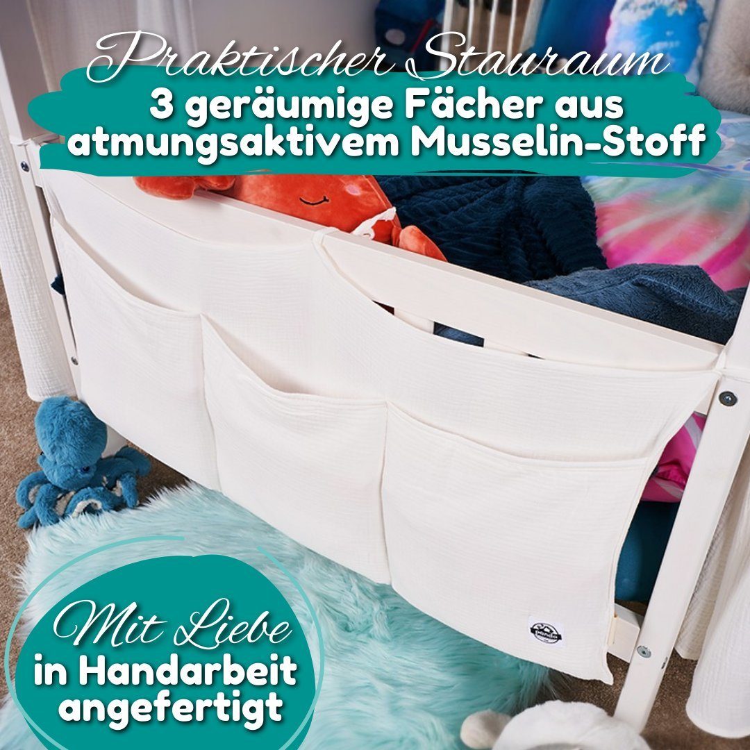 Alavya Panda Betttasche KANGOO Babybett Musselin Tasche Organizer Betttasche (Aufbewahrung für Kinderbett I Windeln Babybetttasche I Babybett Hängeorganizer Kinderzimmer), 90x38 cm Bett Organizer zum Aufhängen von Windeln Kinder Spielzeug