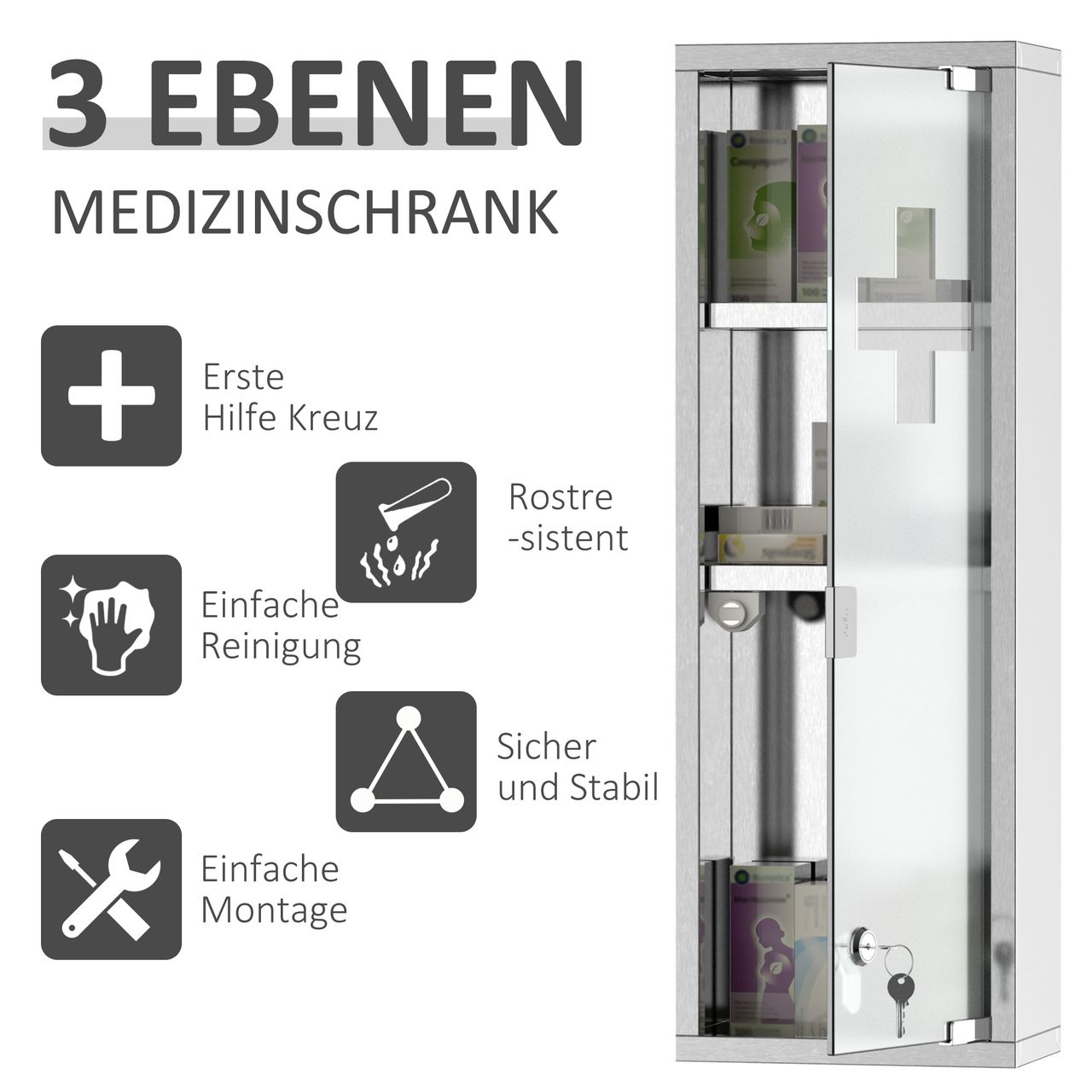 kleankin Medizinschrank Arzneischrank Erste-Hilfe-Schrank mit Schloss 3 Fächer Mattglas 430 Edelstahl gehärtete Glastür Silber 20 x 12 x 58 cm