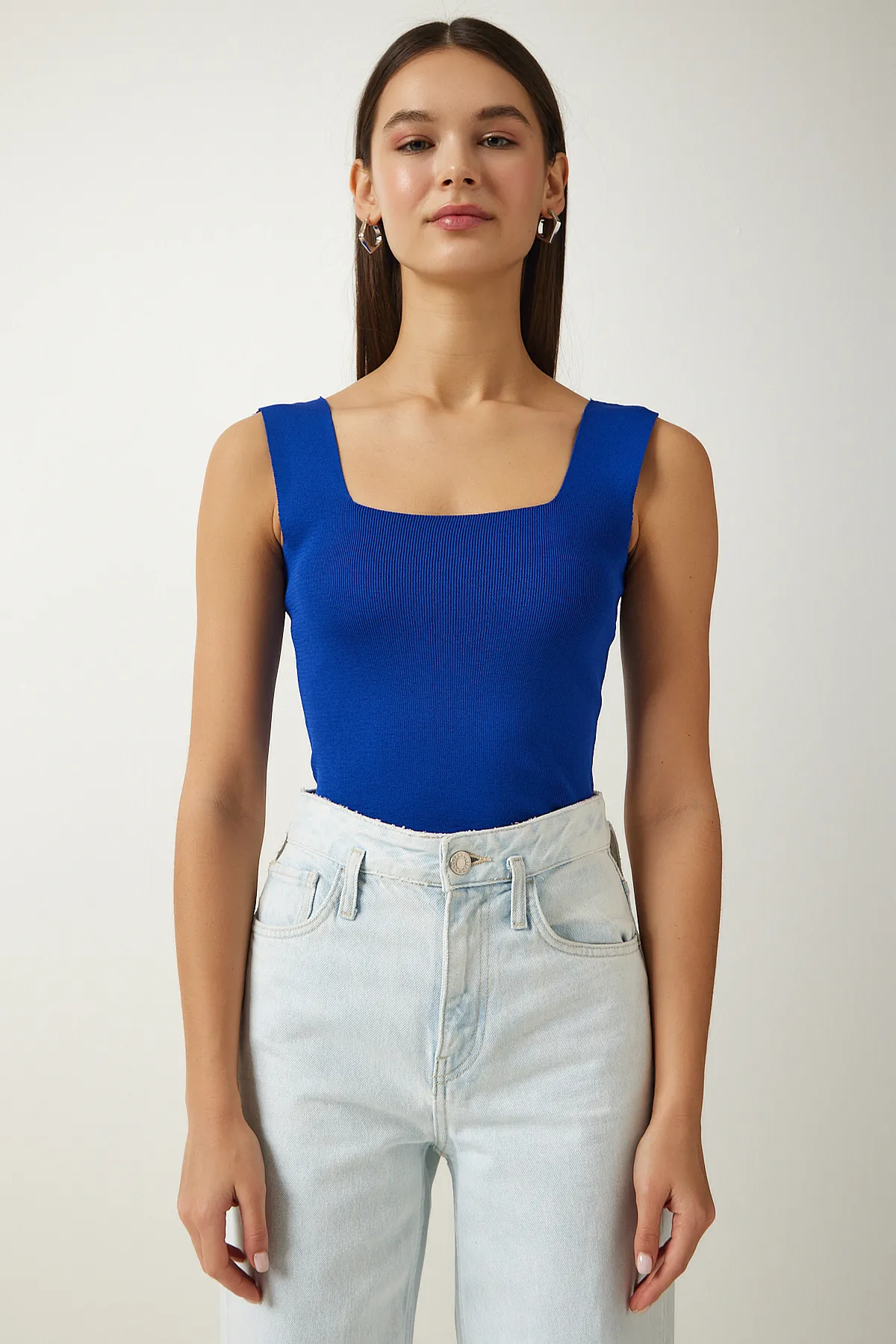Happiness İstanbul  Vivid Blue Strick-Crop-Bluse mit eckigem Ausschnitt für Damen, Größe S US00358