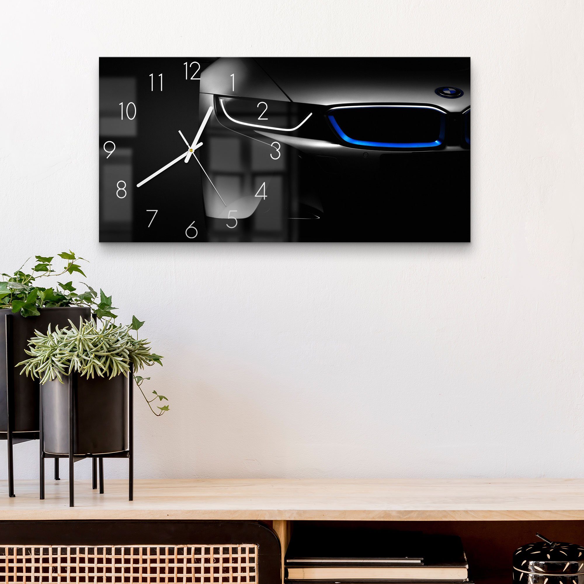 DEQORI Wanduhr 'BMW i8 Frontalaufnahme' (Glas Glasuhr modern Wand Uhr Design Küchenuhr)