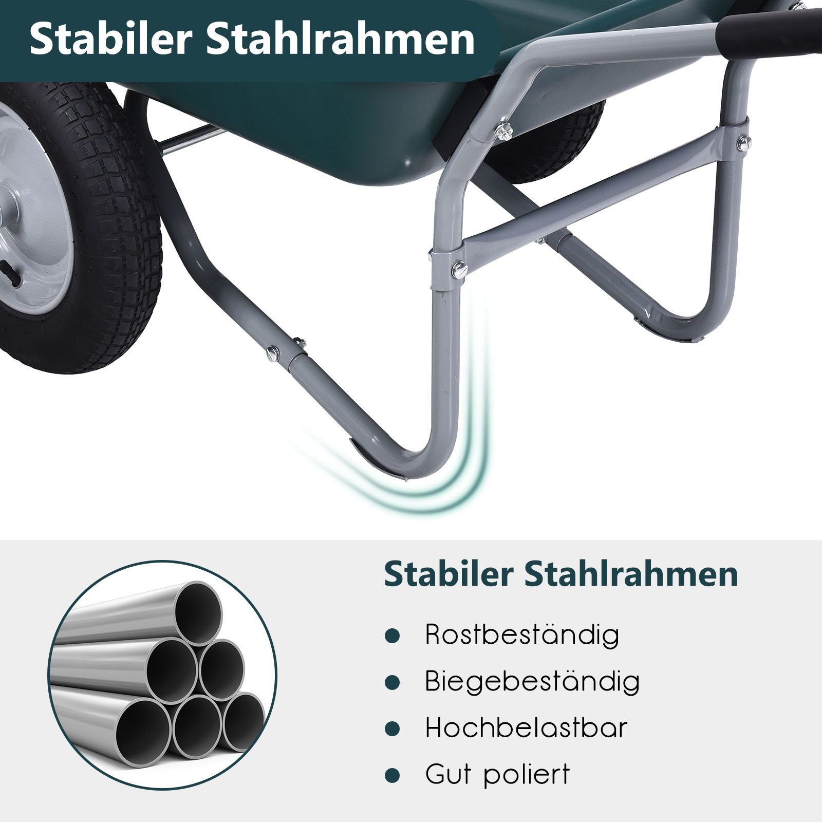 COSTWAY Schubkarre Schiebkarre, mit 2 Räder, 100kg Tragkraft