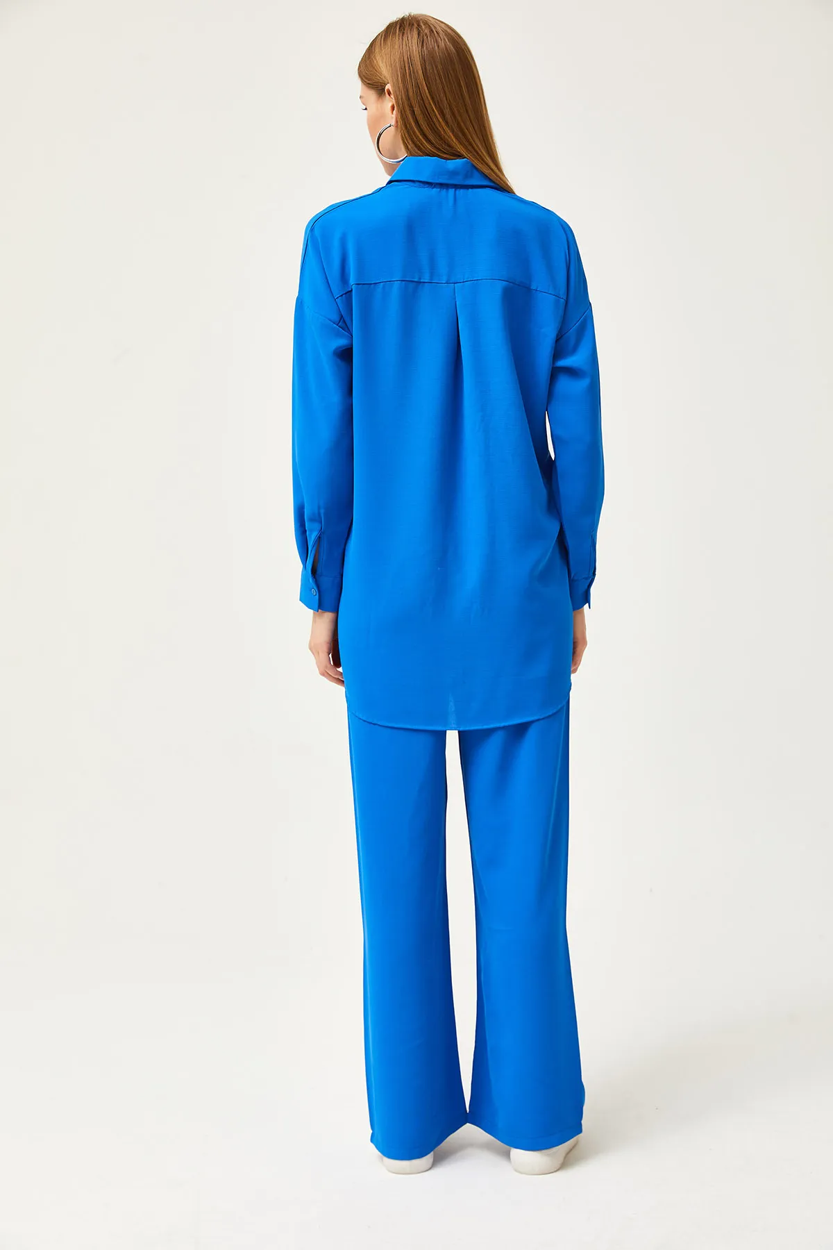 Olalook  Damen Saks Blau Drapiertes Hemd Hosen Set TKM-19000283