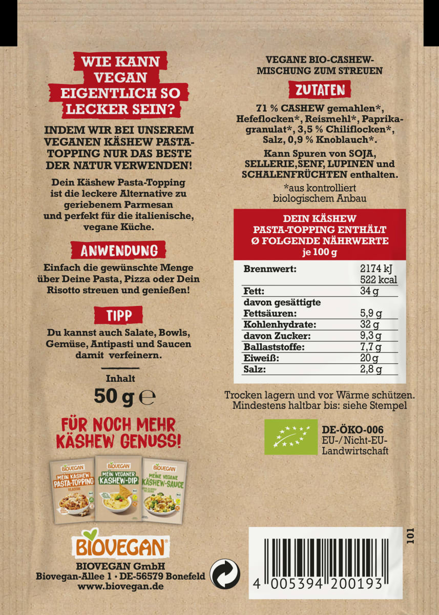 Mein Käshew Pasta Topping, Chili & Knoblauch, 50 g