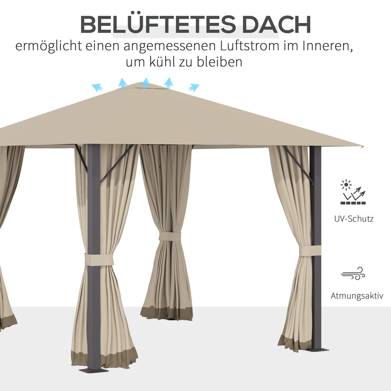 Outsunny Gartenpavillon Pavillon 3 x 3 m Gartenzelt Dach mit Belüftungslöcher Festzelt Partyzelt mit 4 x Seitenteile Moskitonetz wetterfest Aluminium Polyester khaki