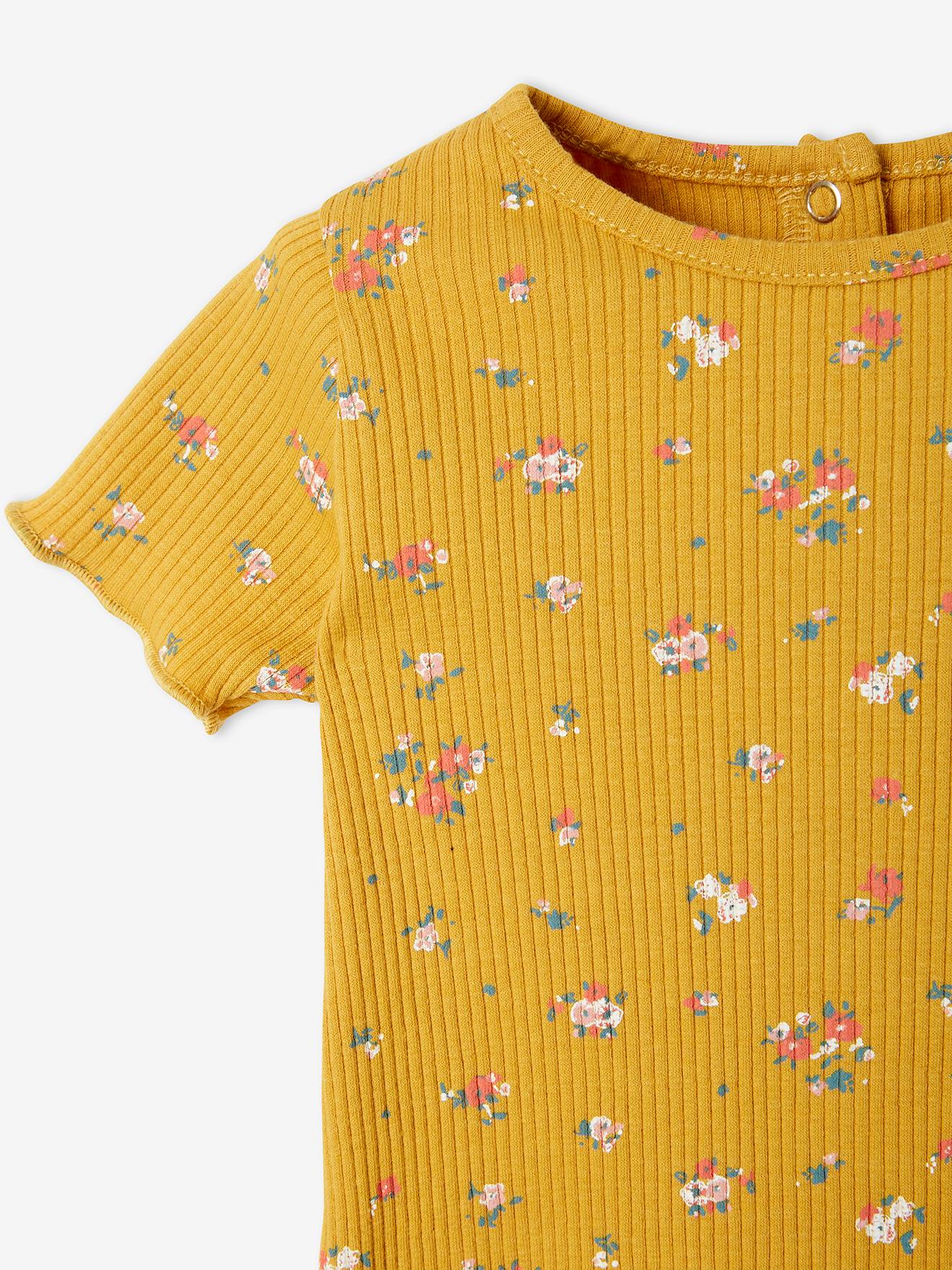 T-shirt à fleurs en maille côtelée bébé ocre imprimé