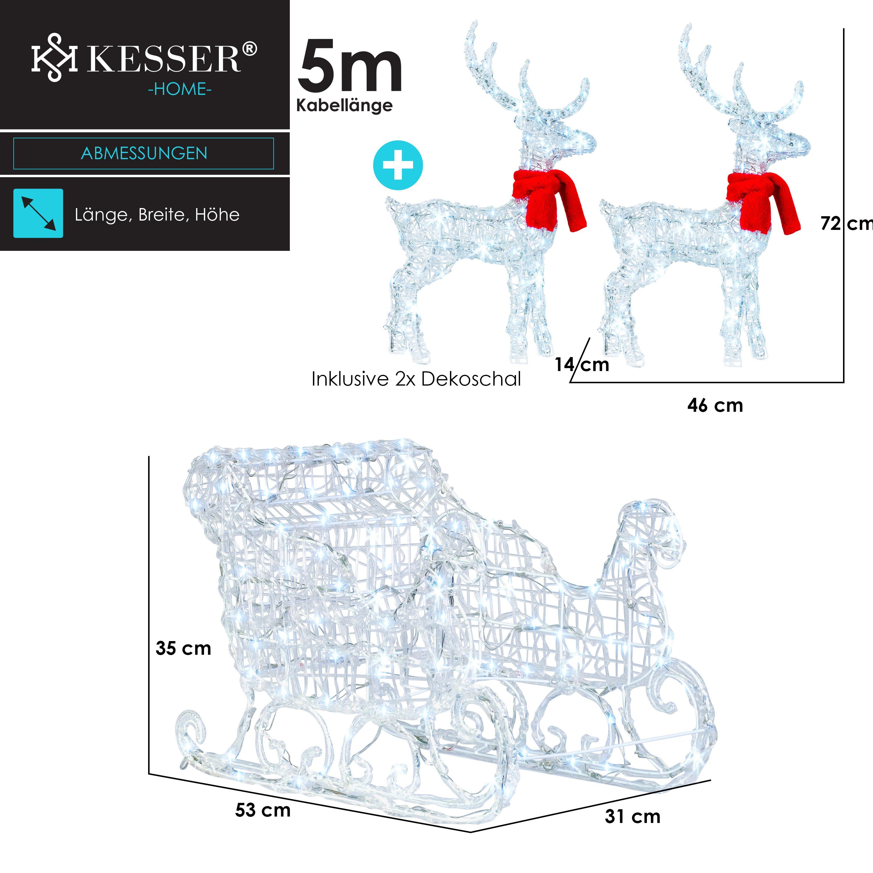 KESSER Weihnachtsfigur, 240er LED Rentiere Schlitten weiß Timer Weihnachtsbeleuchtung