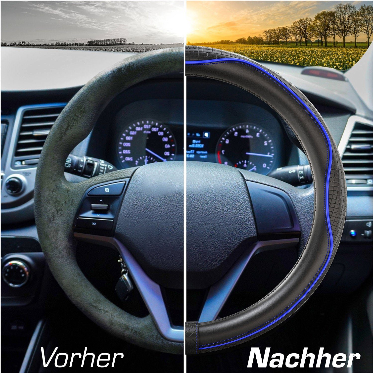 Upgrade4cars Lenkradbezug SportsLine, Ø 37,00 - 39,00 cm, Stilvolles Linien-Design mit Perforierten Details für mehr Grip