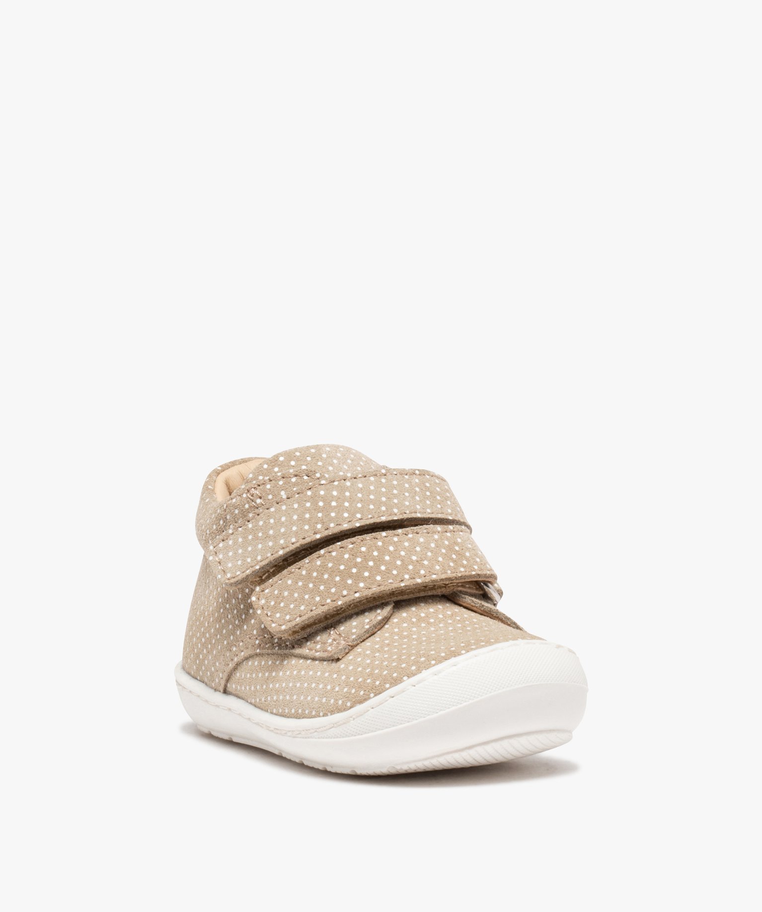 Baskets premiers pas bébé fille dessus cuir à pois – NA! beige | GEMO