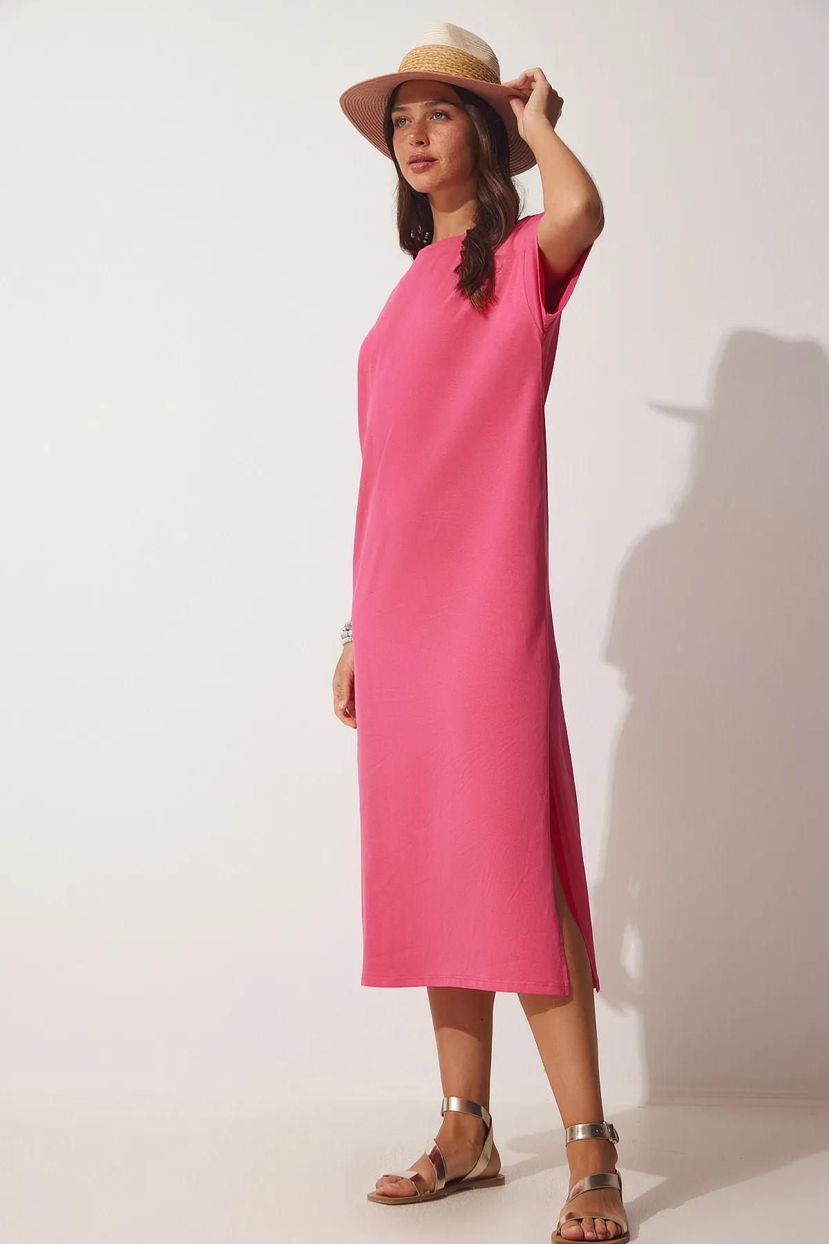 Happiness İstanbul  Damen-Sommerkleid aus gekämmter Baumwolle in Rosa aus Baumwolle UB00080