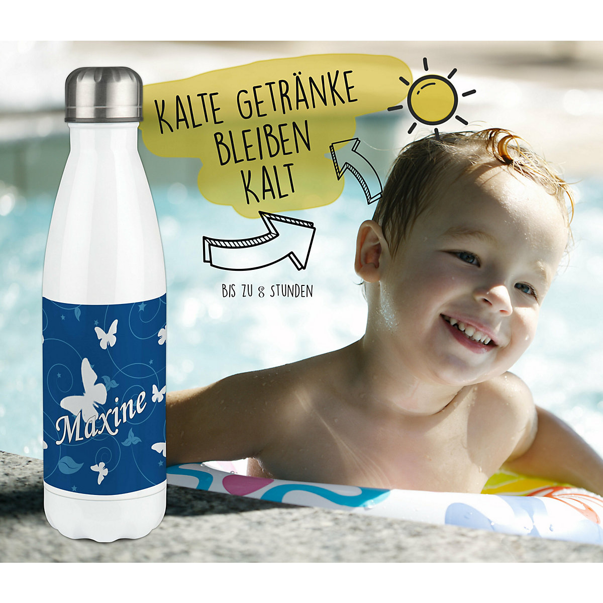 Edelstahl Kinder Thermoflasche / Trinkflasche bunt Schmetterling Ornamente Farbe blau Spülmaschinenfest, Auslaufsicher, Bruchfest, Doppelwandig, Für Heißgetränke geeignet, Mit Deckel, Isoliert