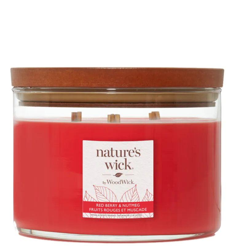 Woodwick Natures фитил свеће у стаклу са 3 дрвена фитиља црвена бобица и мушкатни орашчић